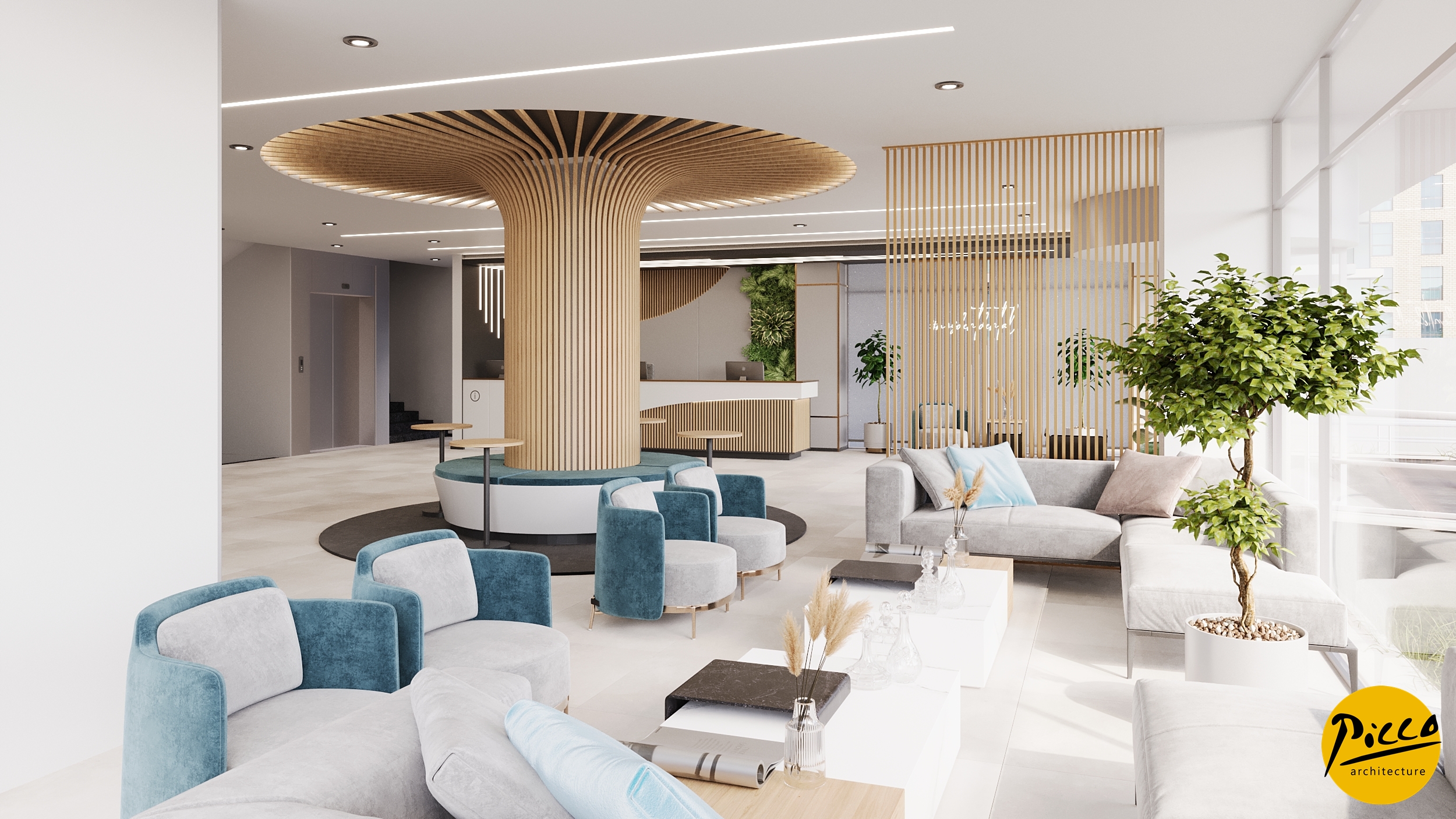 Diş hastanesi tasarımı için mavi tonlar ve ahşap sıcaklığı uyumu.