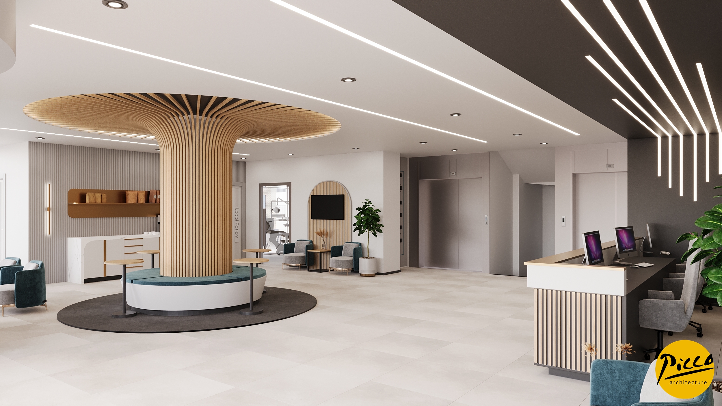 Diş hastanesi tasarımı için mavi tonlar ve ahşap sıcaklığı uyumu.