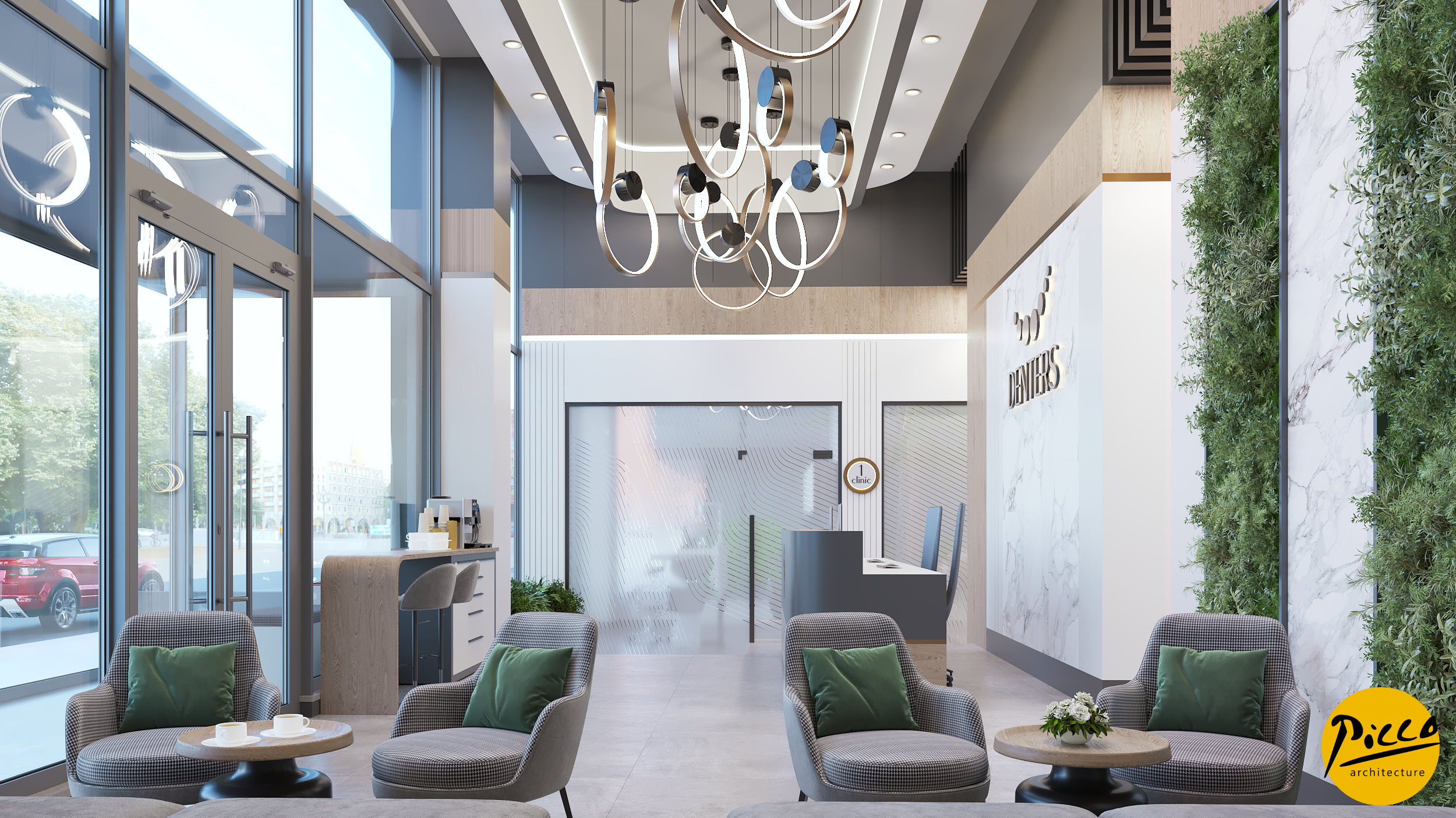 Klinik iç mimarisinde düz hatlar ve yeşillik detayları.