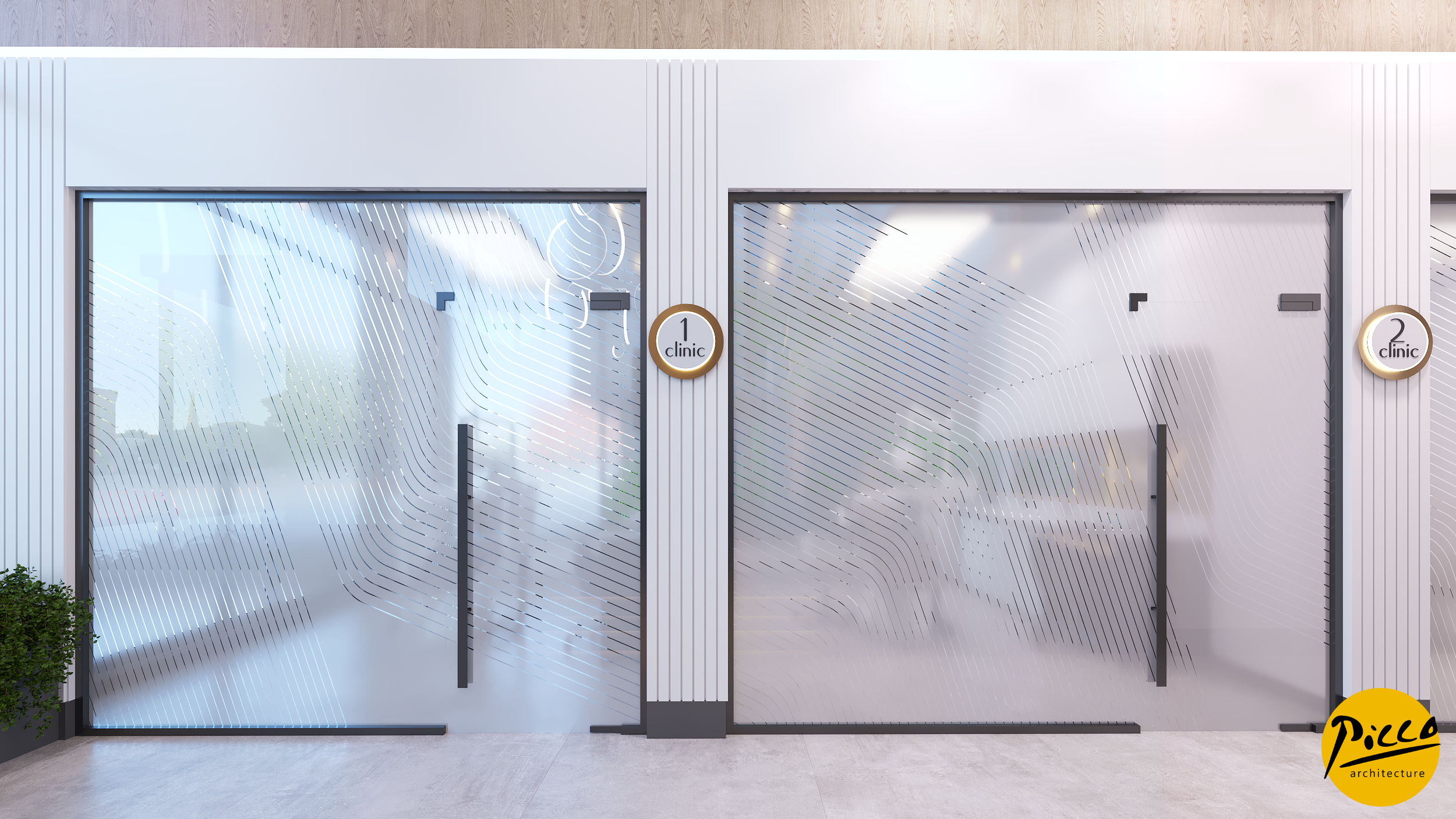 Diş kliniği tasarımı için lineer aydınlatma ve ahşap sıcaklığı.