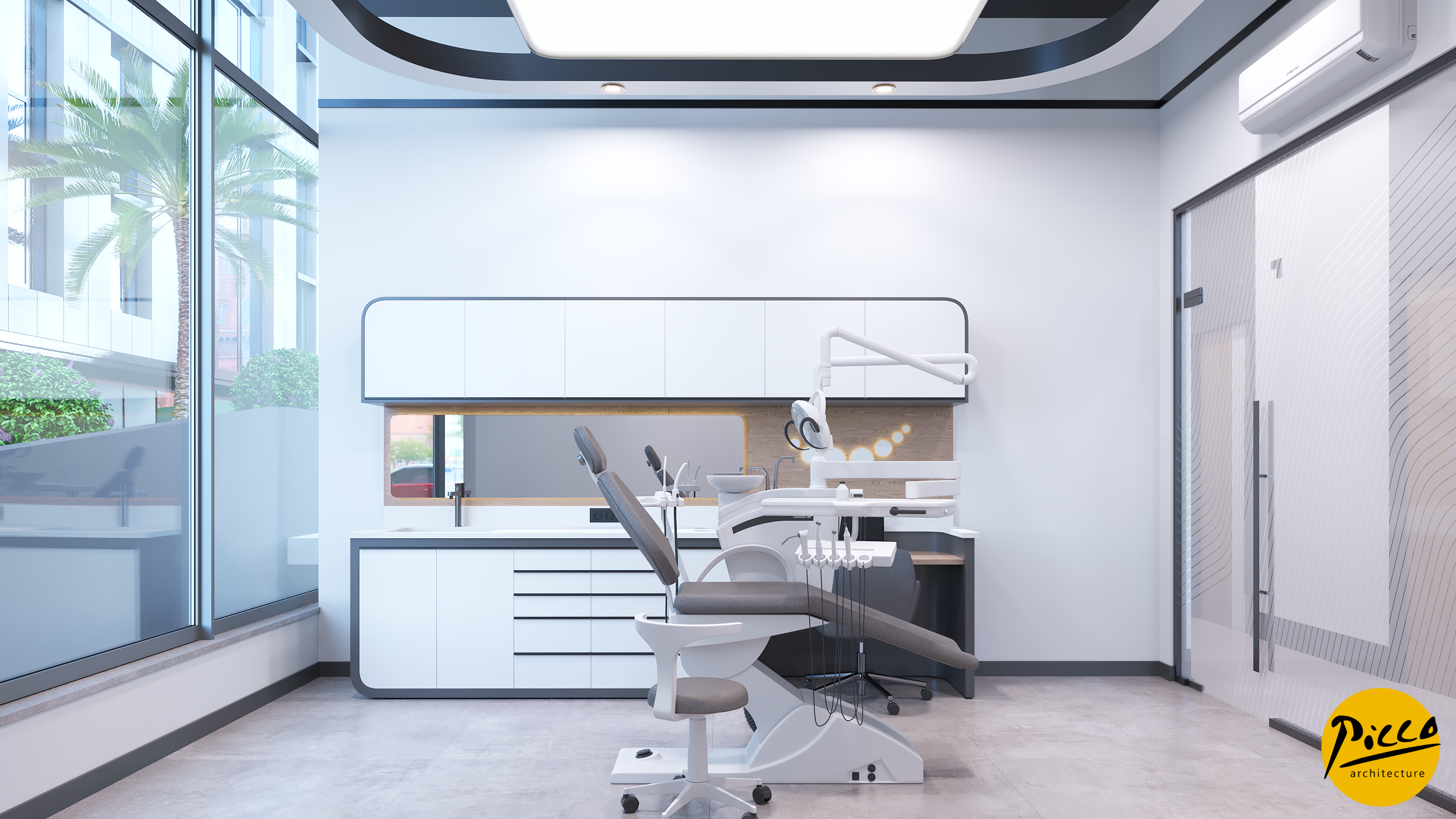 Diş kliniği tasarımı için lineer aydınlatma ve ahşap sıcaklığı.