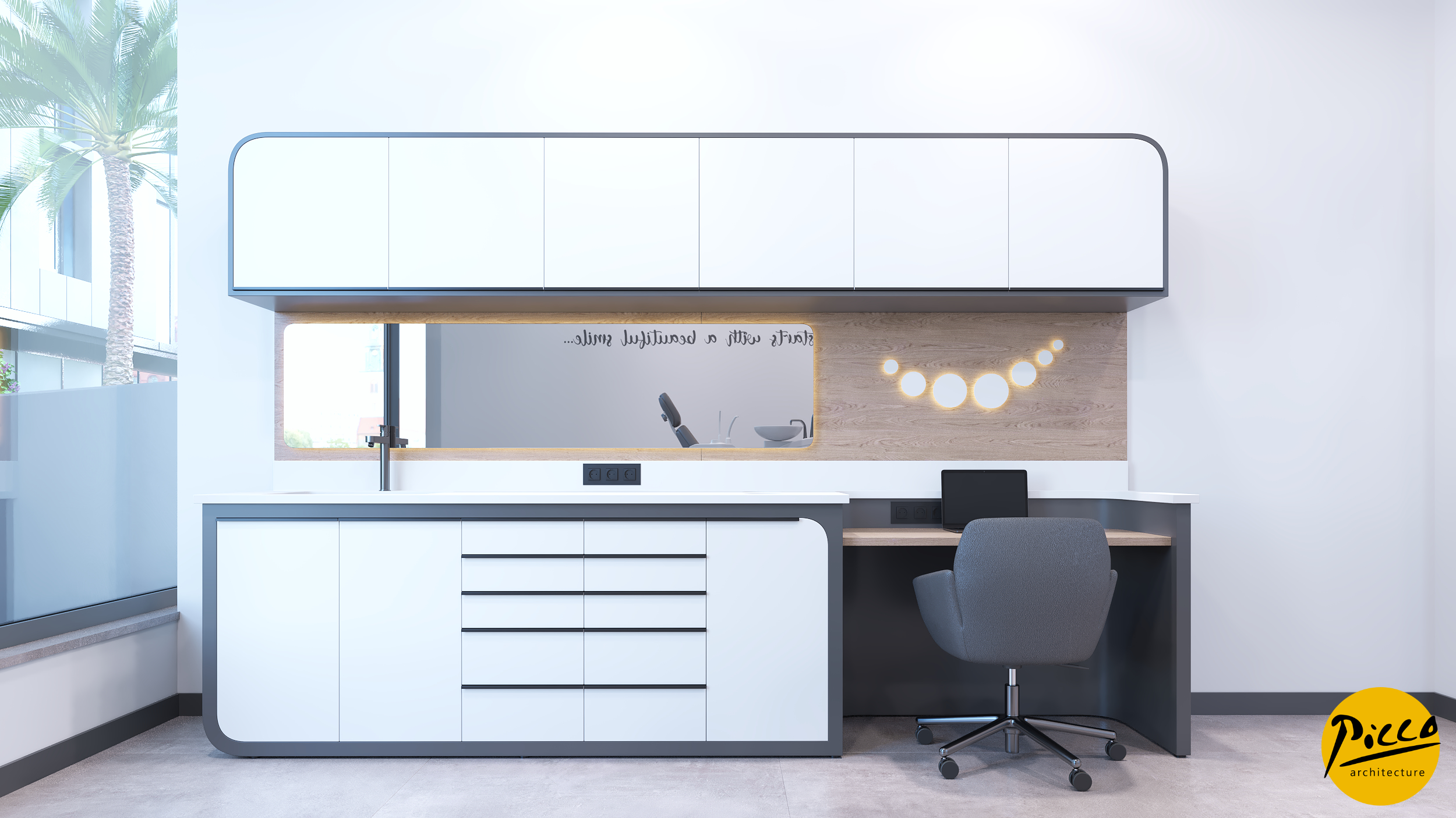 Diş kliniği tasarımı için lineer aydınlatma ve ahşap sıcaklığı.