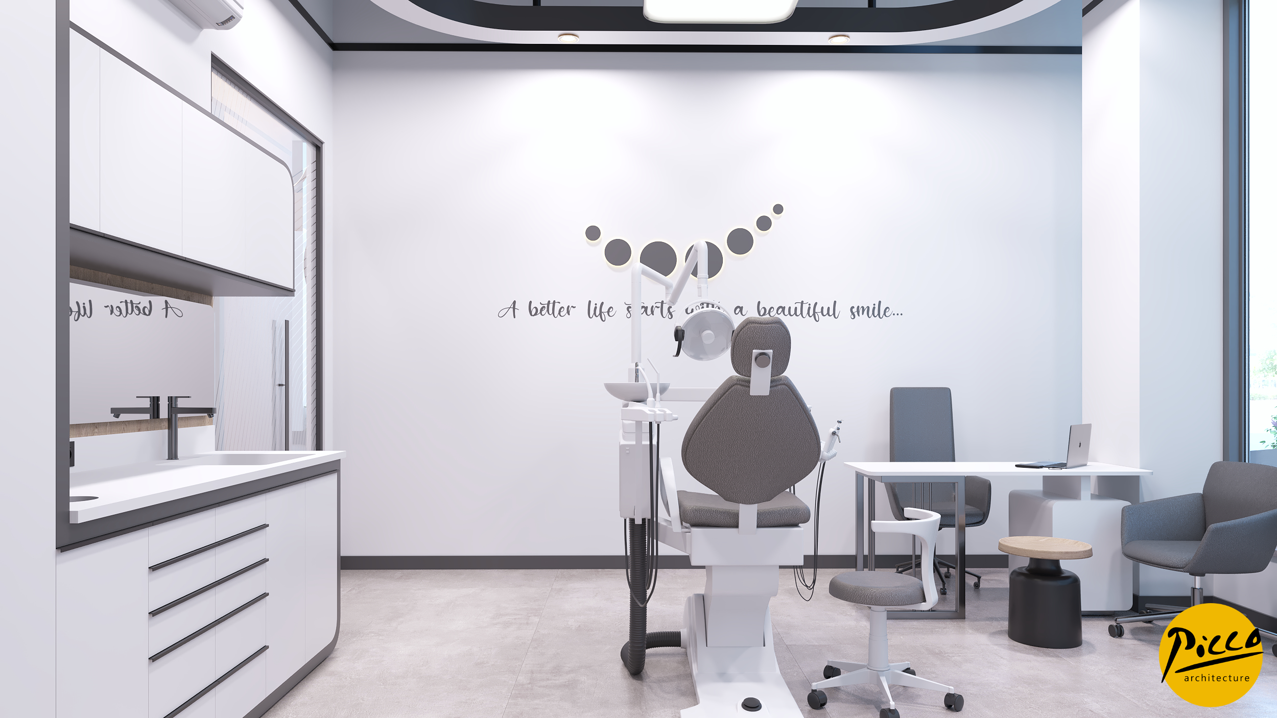 Diş kliniği tasarımı için lineer aydınlatma ve ahşap sıcaklığı.