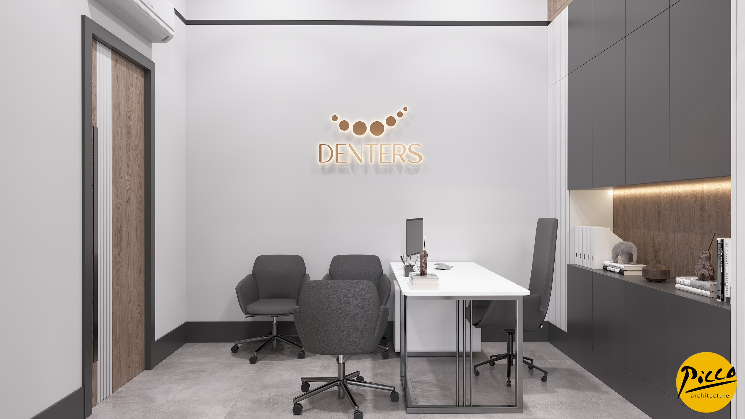 Diş kliniği tasarımı için lineer aydınlatma ve ahşap sıcaklığı.