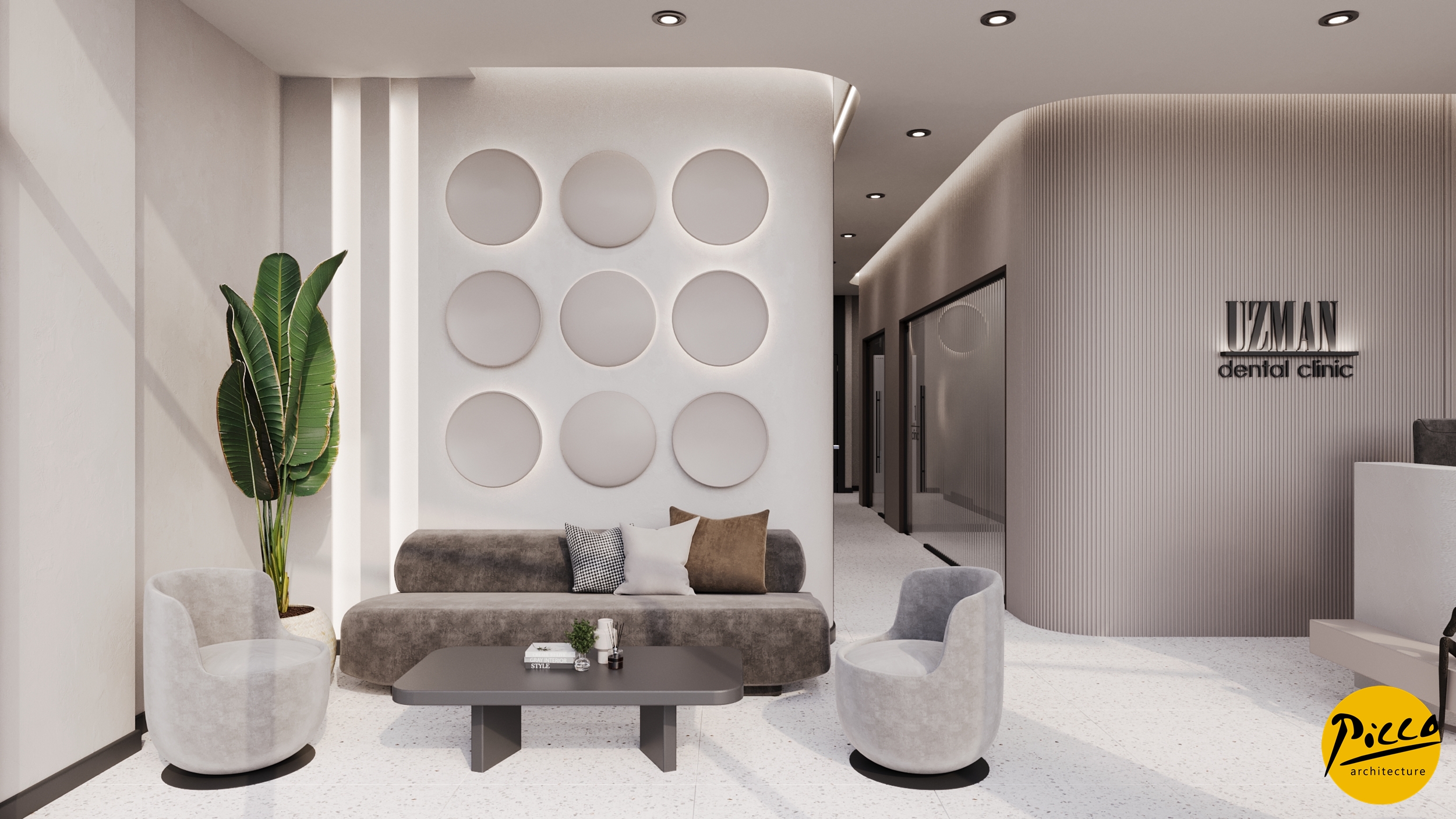 Diş polikliniği tasarımı için oval formlar ve beyaz ton uygulaması.