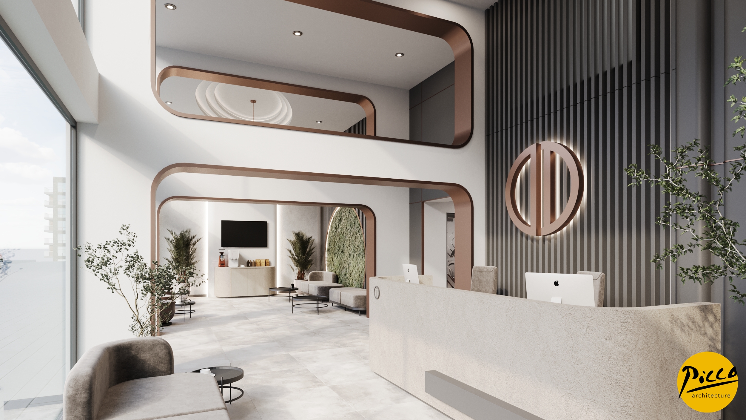 Diş kliniği tasarımı için parlak malzemeler ve doğal doku uyumu.