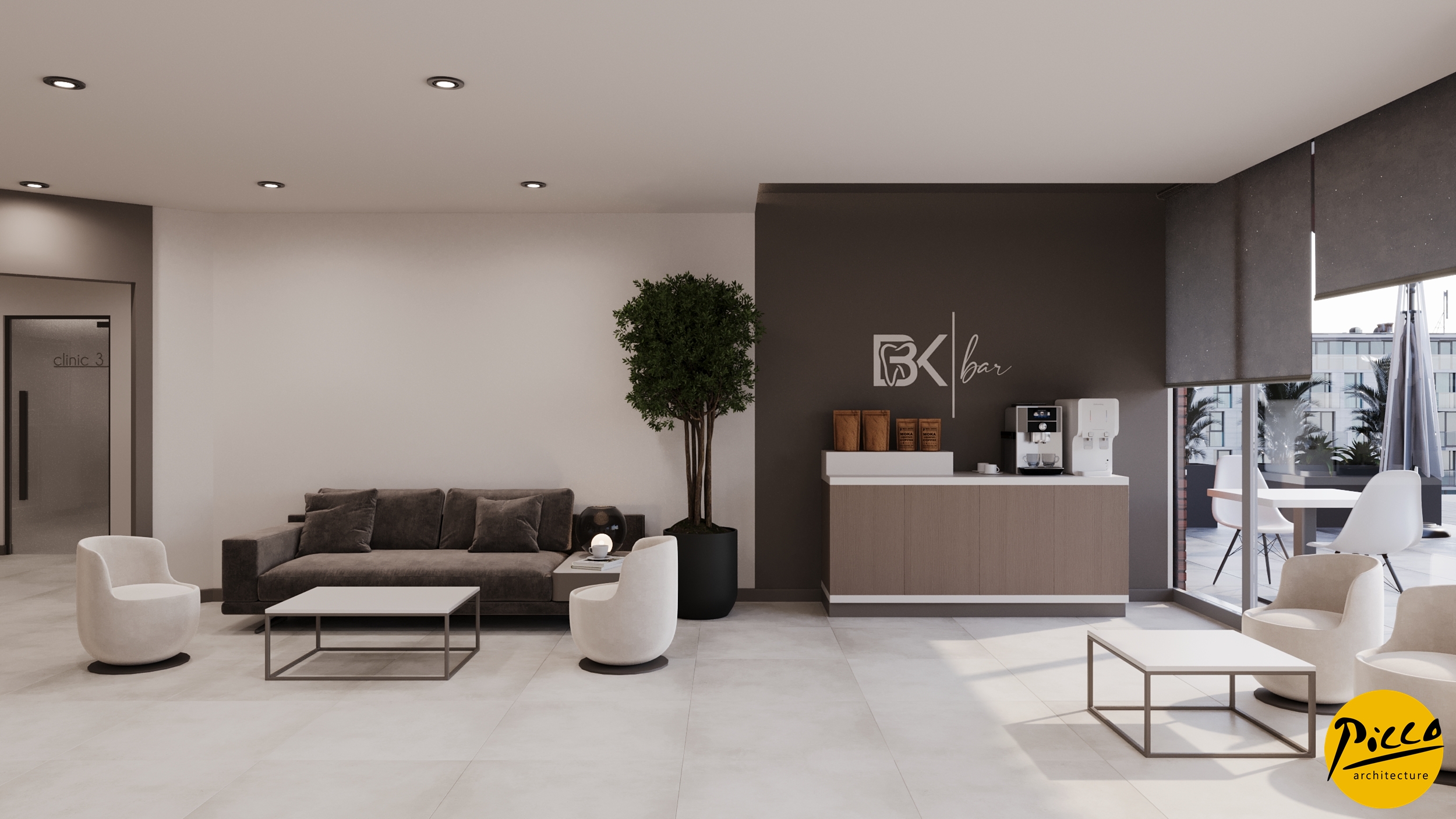 Diş muayenehanesi tasarımı için beyaz ve vizon renk uyumu.