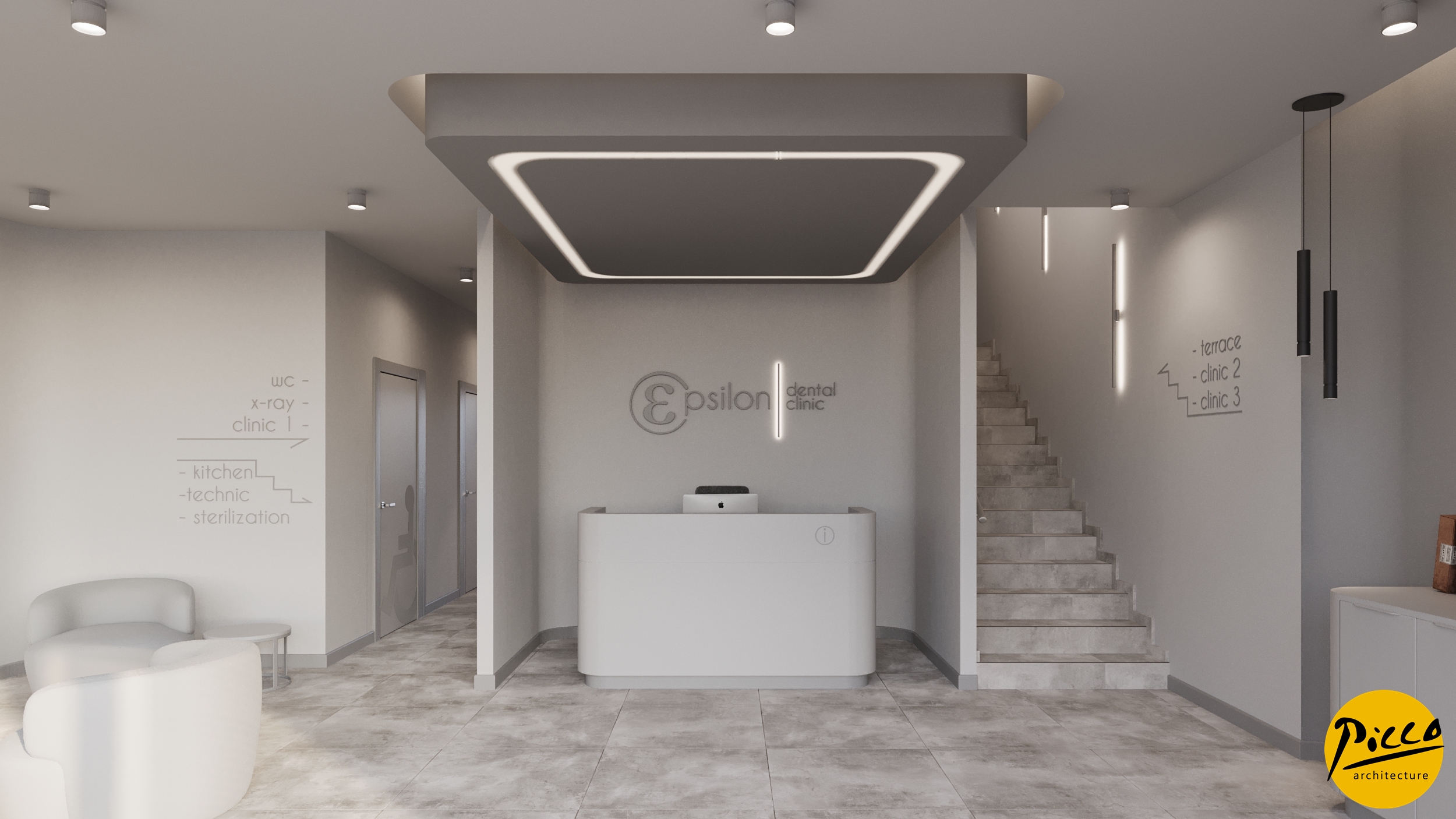 Diş polikliniği tasarımı için beyaz tonlar ve oval form kullanımı.