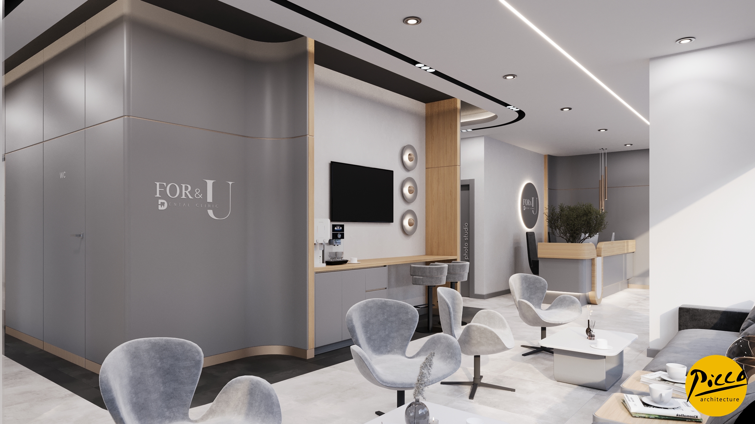 Diş polikliniği tasarımı için gri tonlar ve doğal ahşap uyumu.