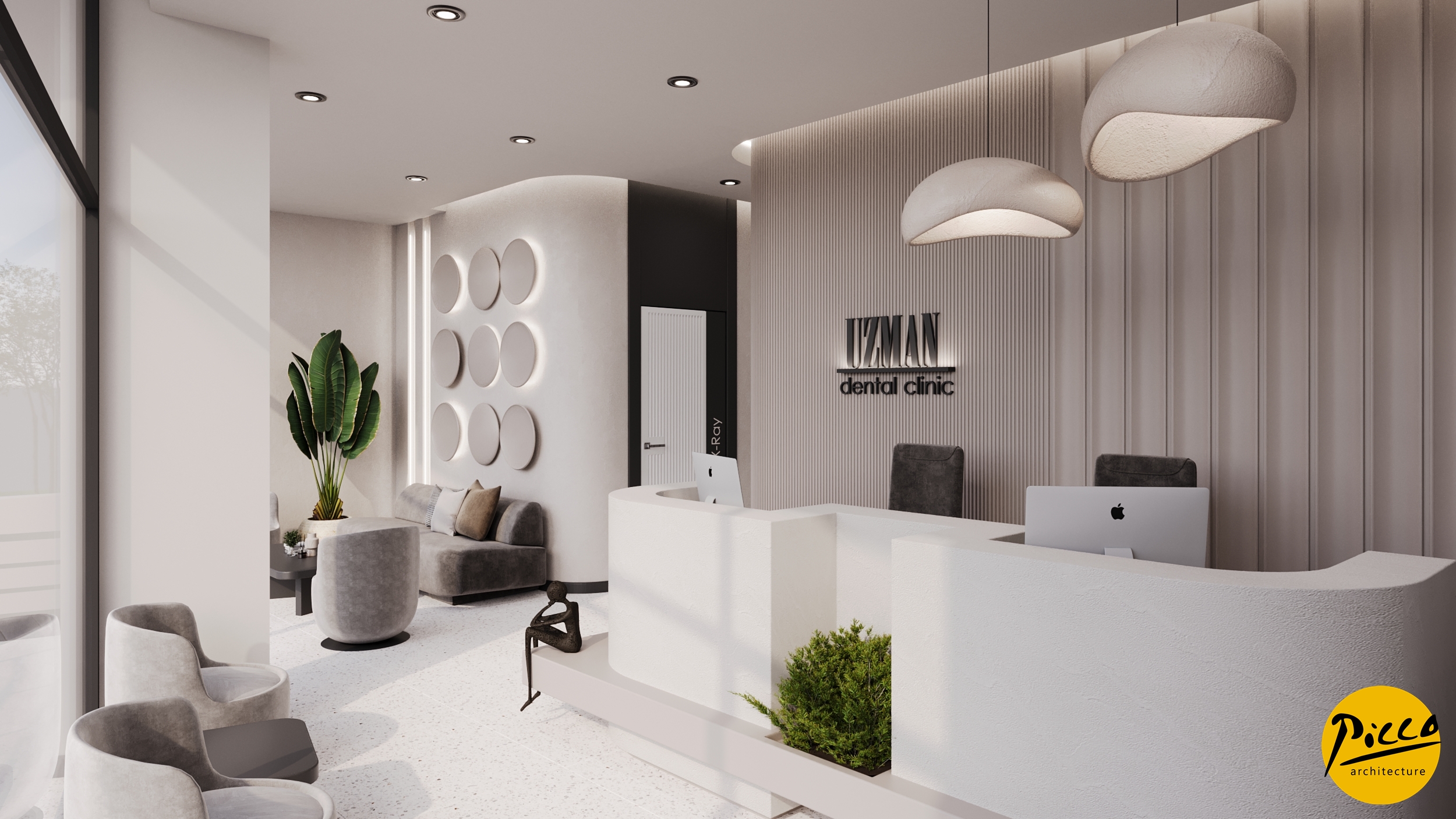 Klinik iç mimarisinde sade ve şık mobilya seçimleri.