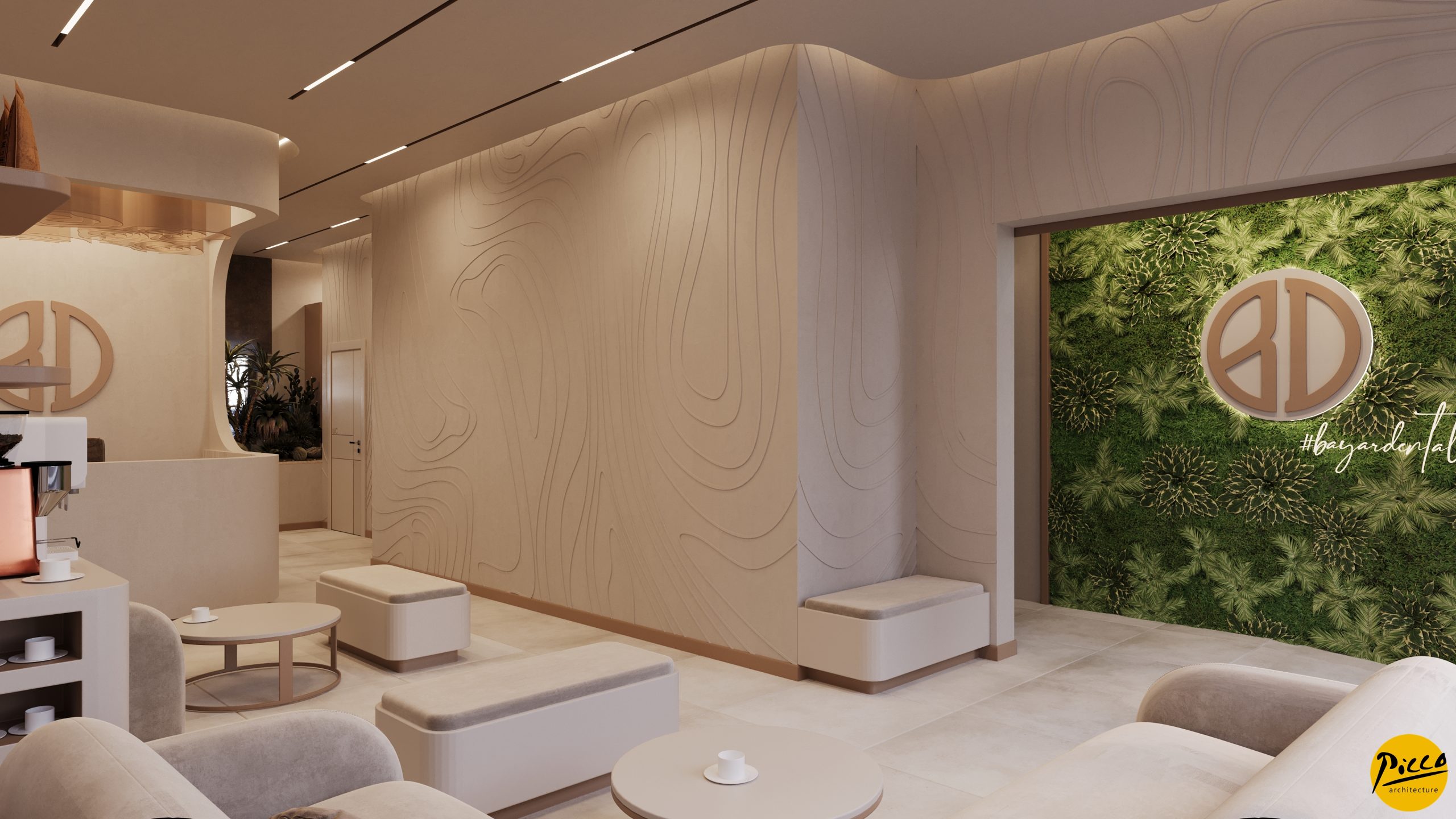 Diş kliniği tasarımı için krem tonları ve organik form kullanımı.