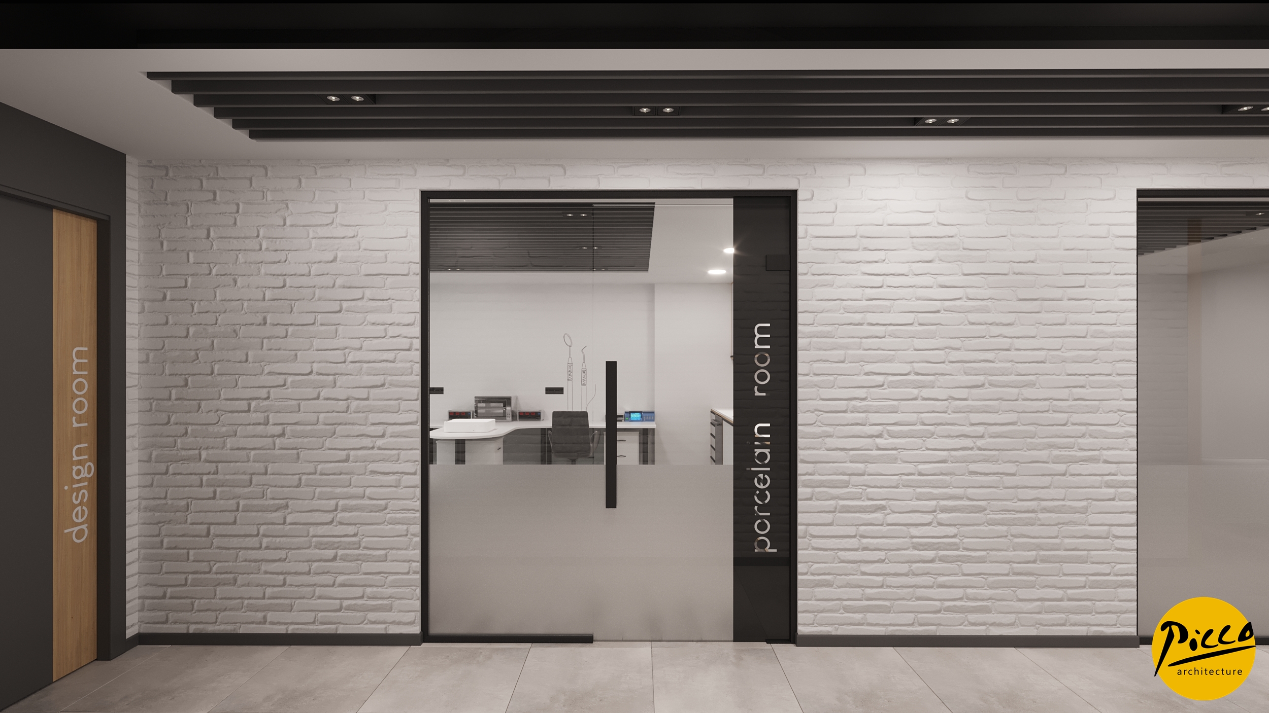 Laboratuvar tasarımı için lineer tavan ve ahşap sıcaklığı uyumu.