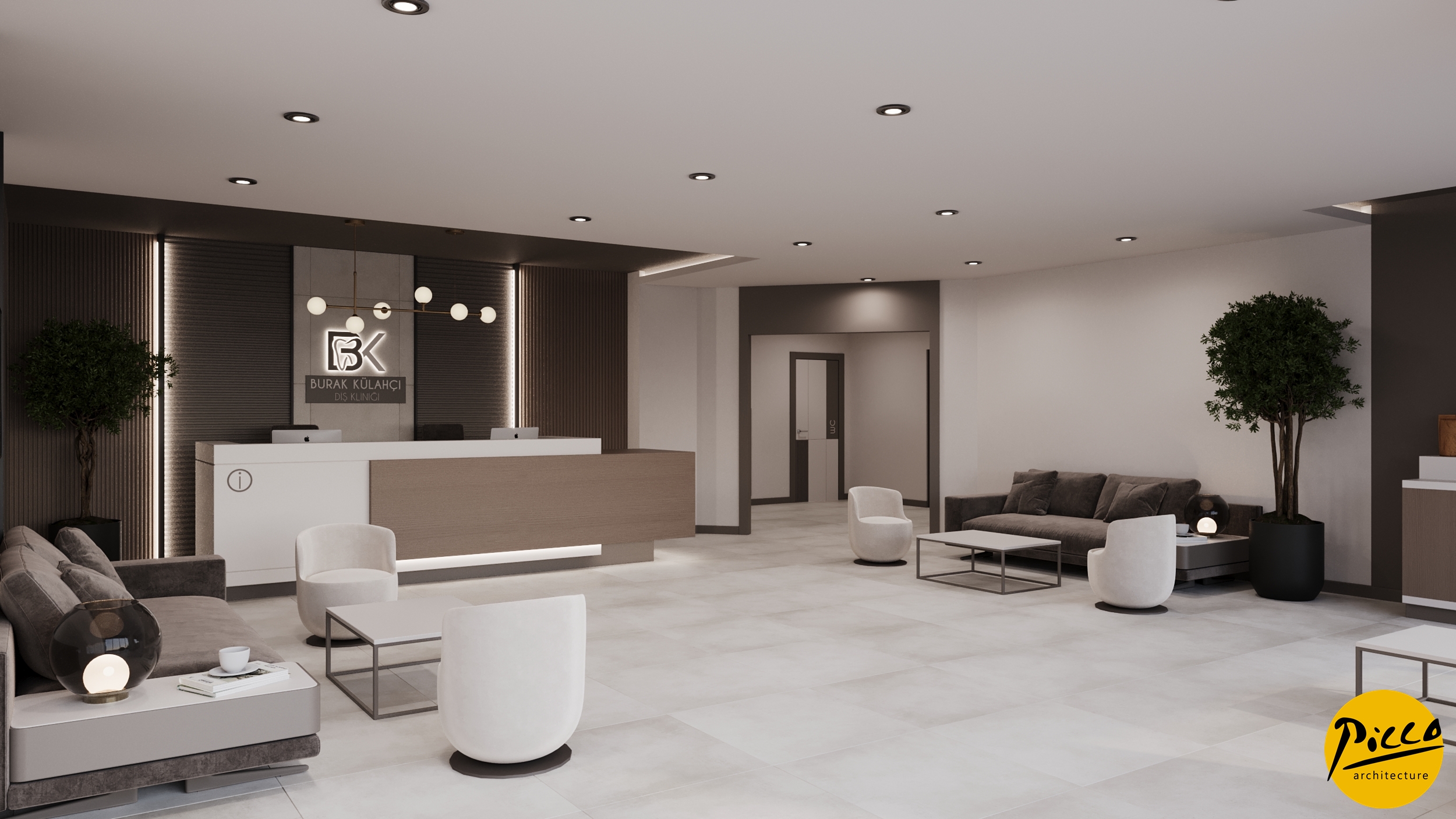Klinik iç mimarisinde düz keskin hatlar ve kontrast detaylar.