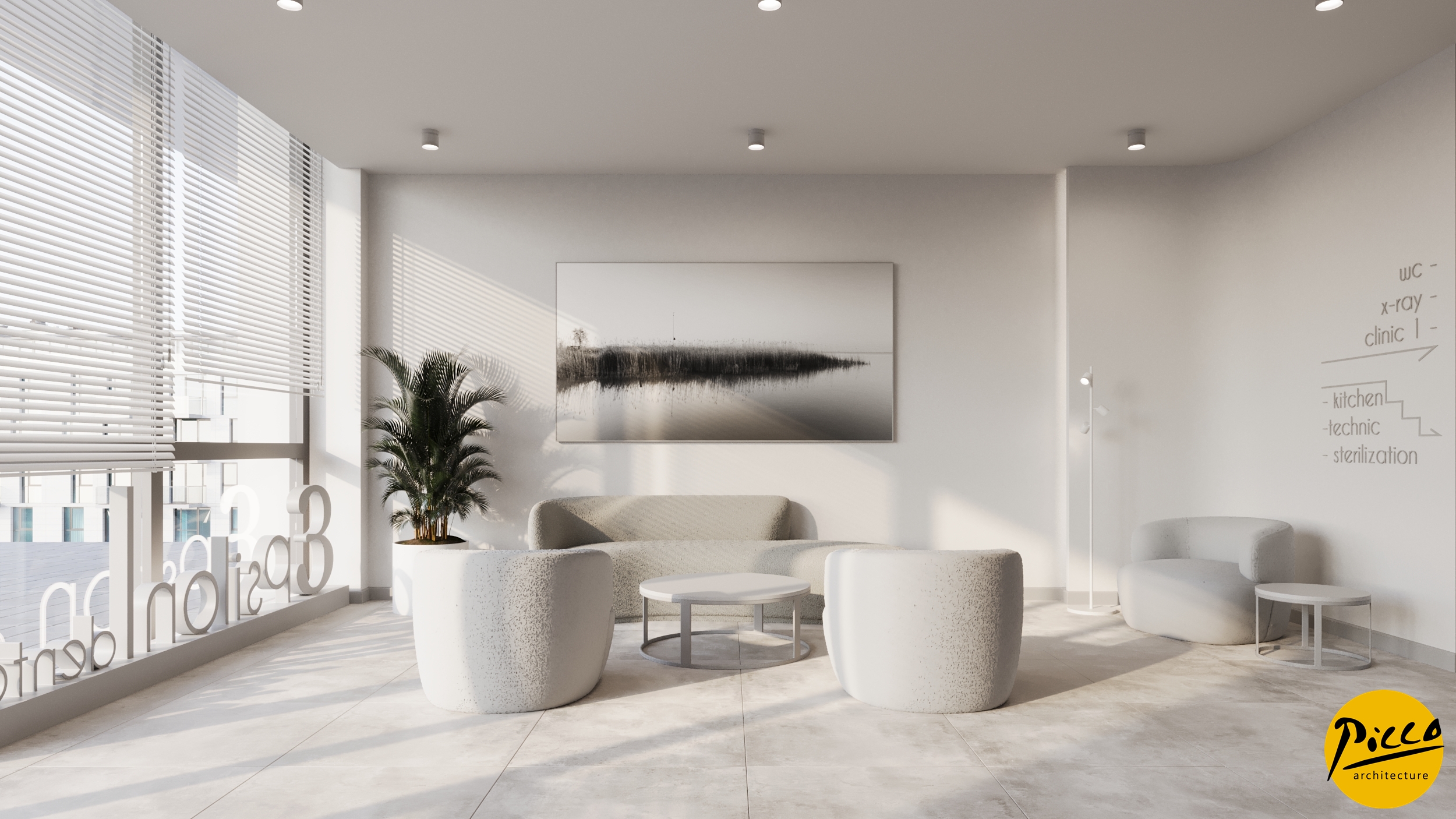 Klinik iç mimarisinde modern aydınlatma ve mobilya uygulaması.