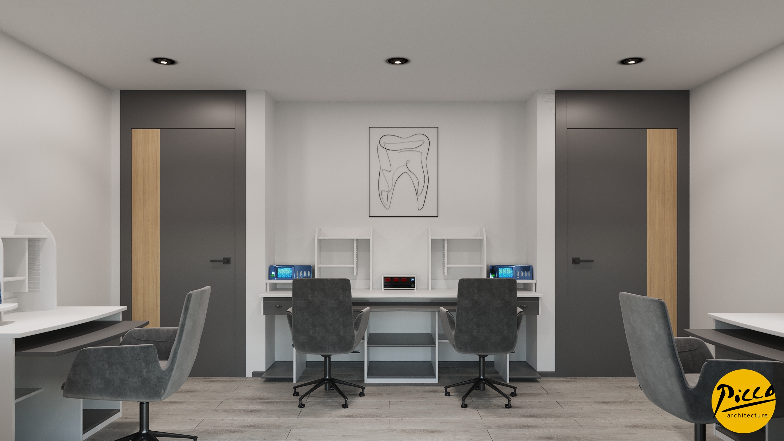 Laboratuvar tasarımı için lineer tavan ve ahşap sıcaklığı uyumu.