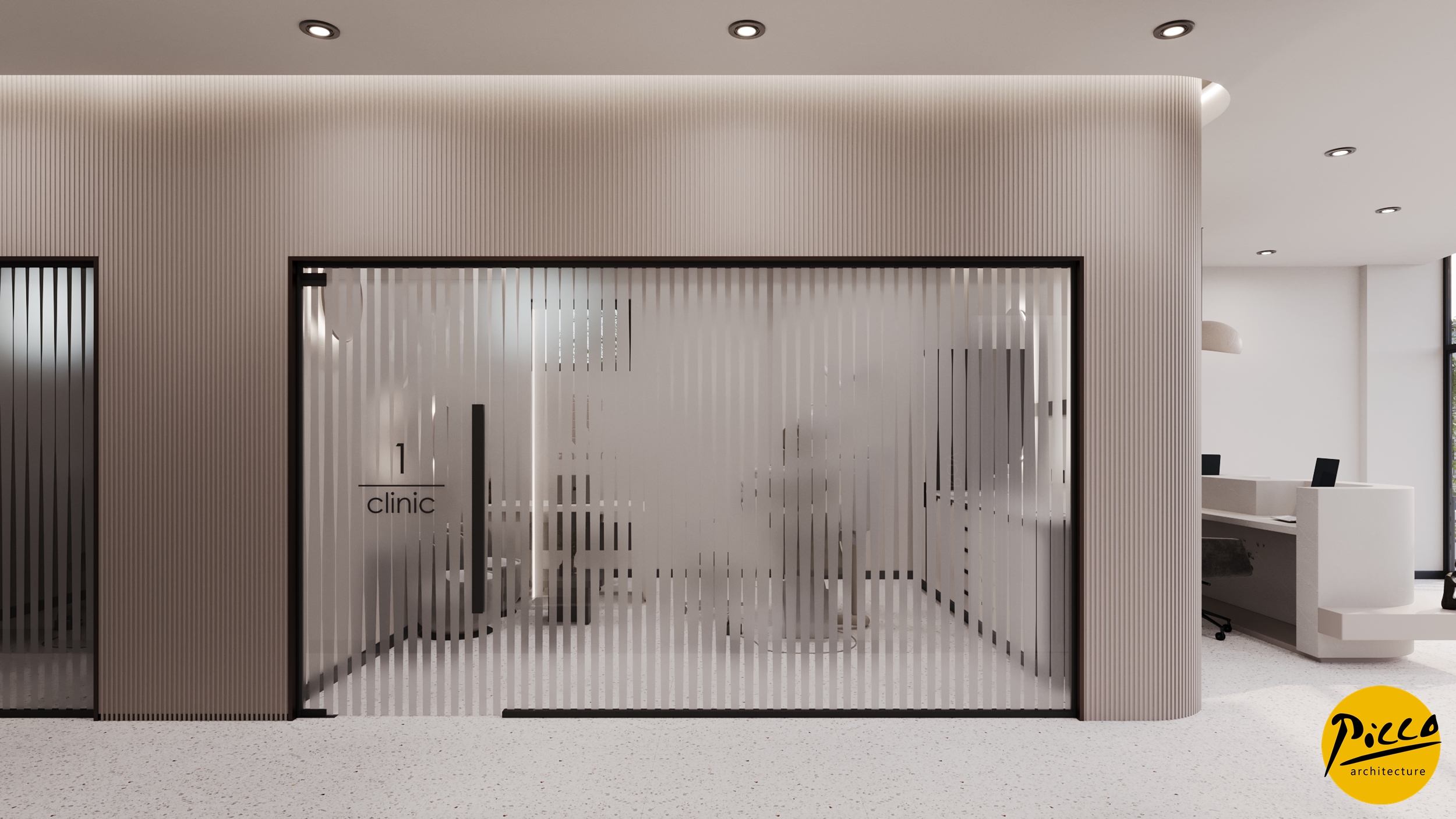 Klinik iç mimarisinde sade ve şık mobilya seçimleri.