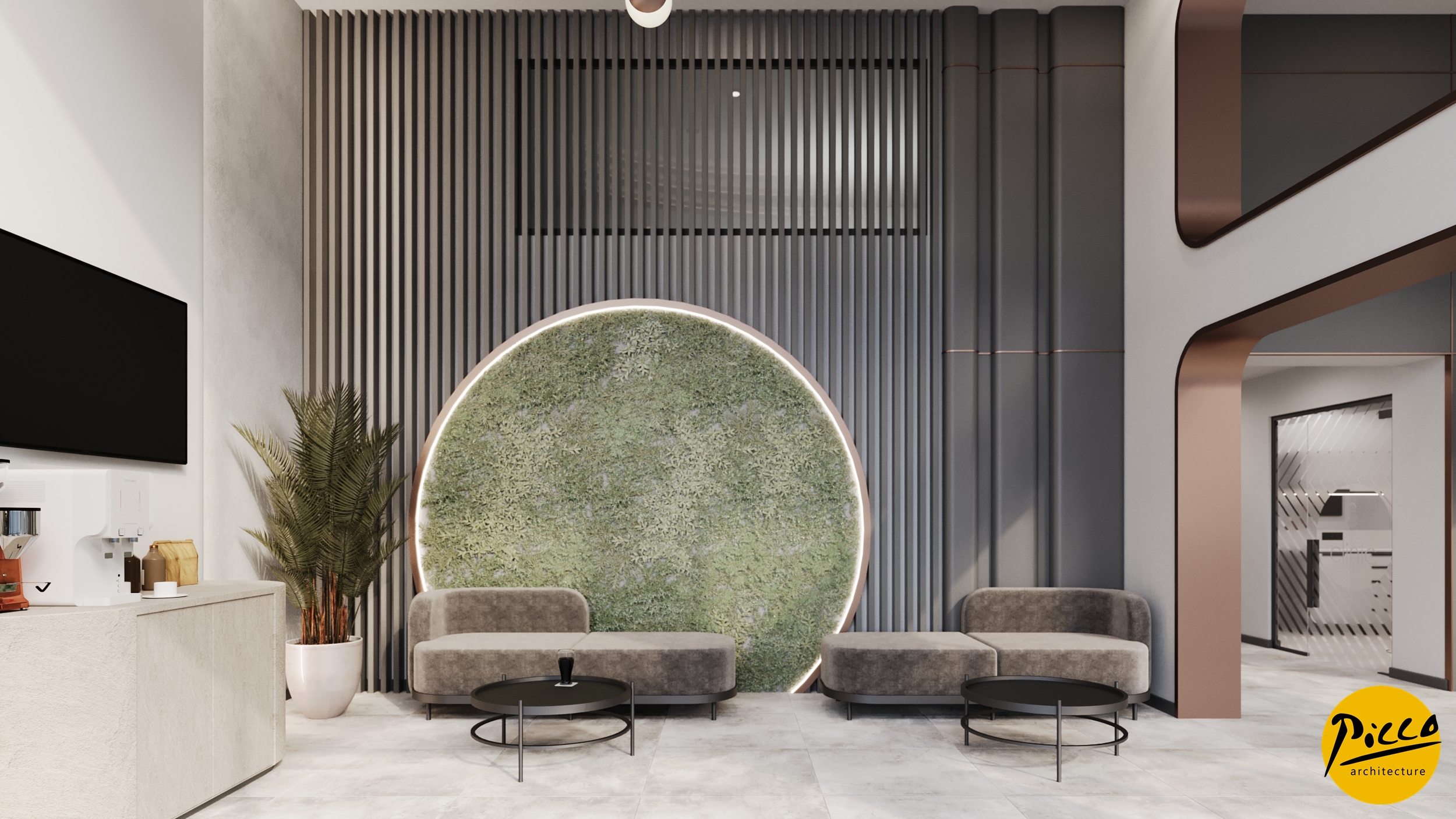 Diş kliniği tasarımı için parlak malzemeler ve doğal doku uyumu.