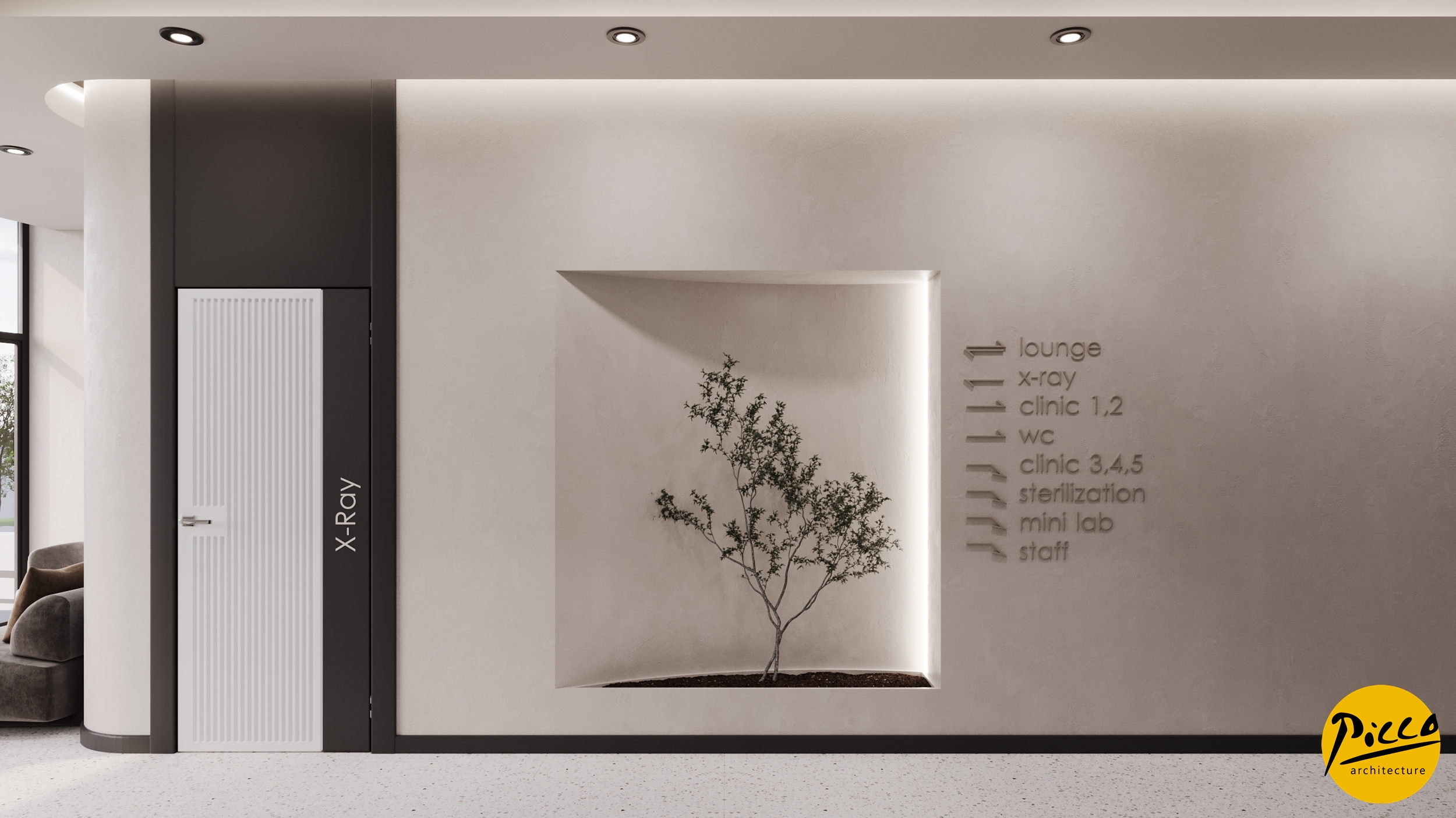 Diş polikliniği tasarımı için oval formlar ve beyaz ton uygulaması.