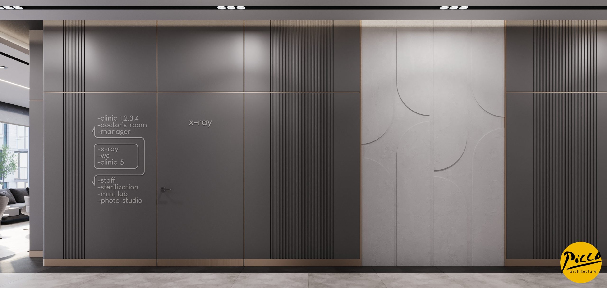 Diş polikliniği tasarımı için gri tonlar ve doğal ahşap uyumu.