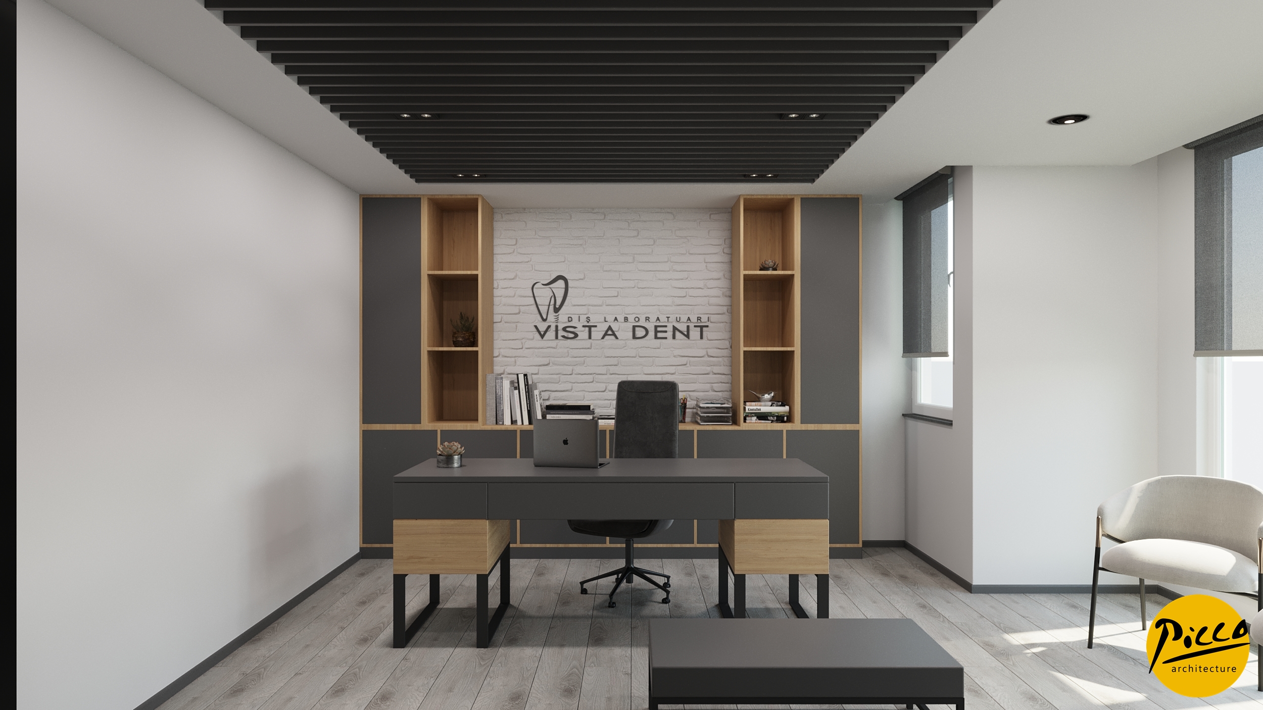 Laboratuvar iç mimarisinde çizgisel hatlar ve çalışma istasyonları.