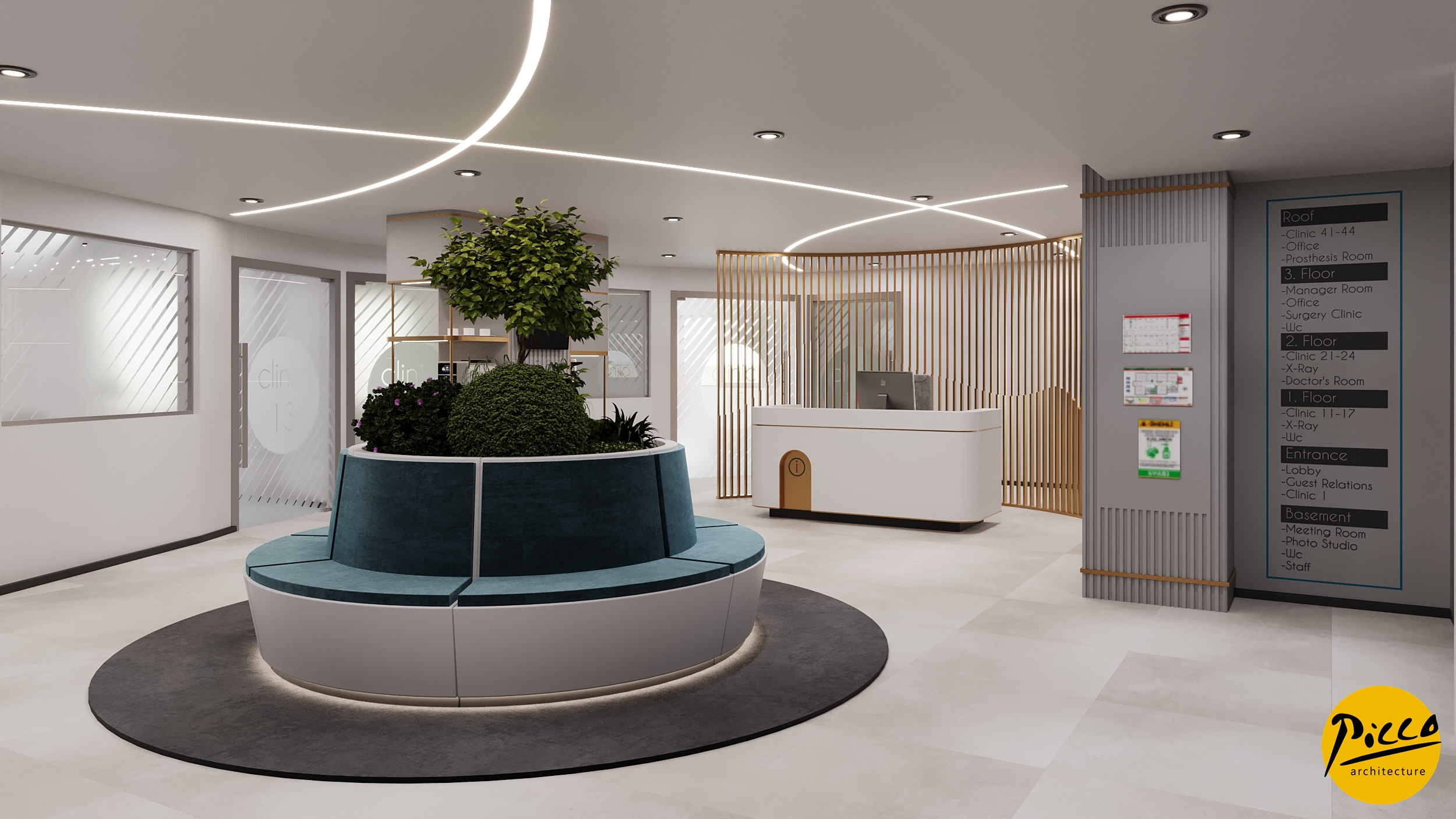 Hastane iç mimarisinde düz hatlar ve ferah bekleme alanı.