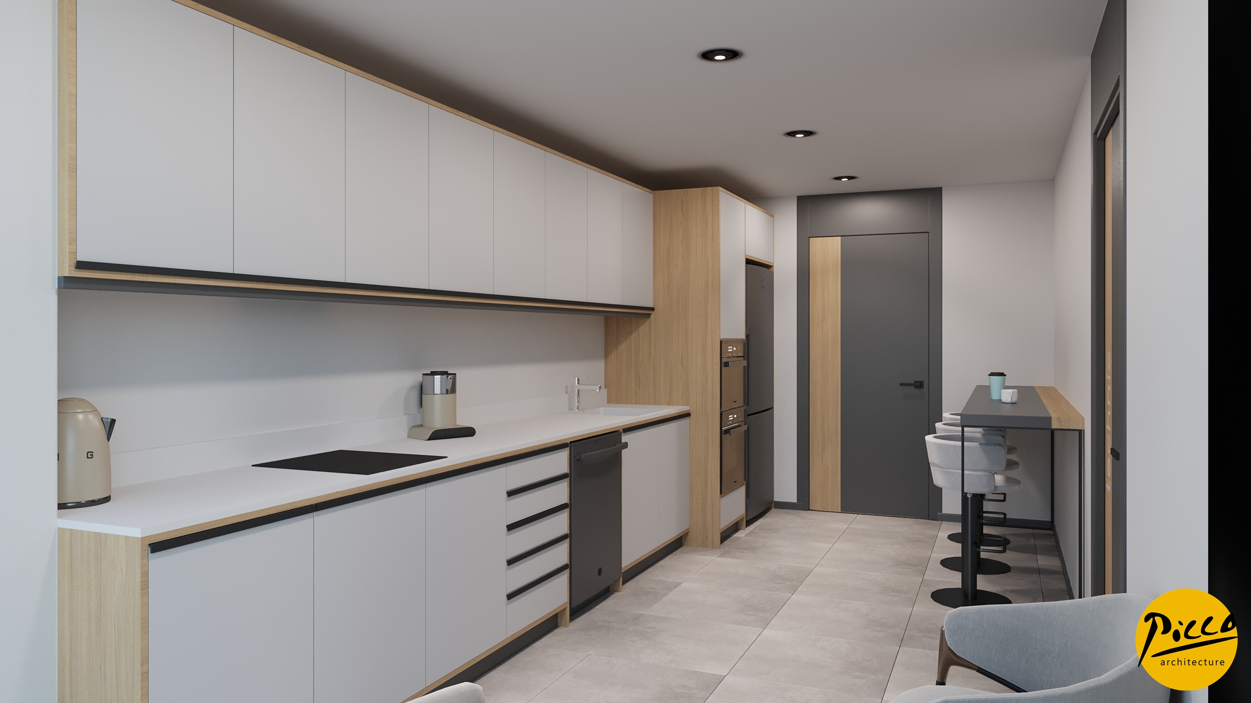 Laboratuvar iç mimarisinde çizgisel hatlar ve çalışma istasyonları.