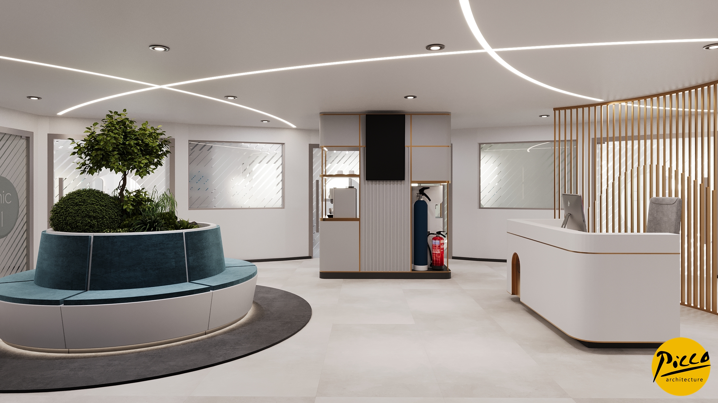 Hastane iç mimarisinde düz hatlar ve ferah bekleme alanı.