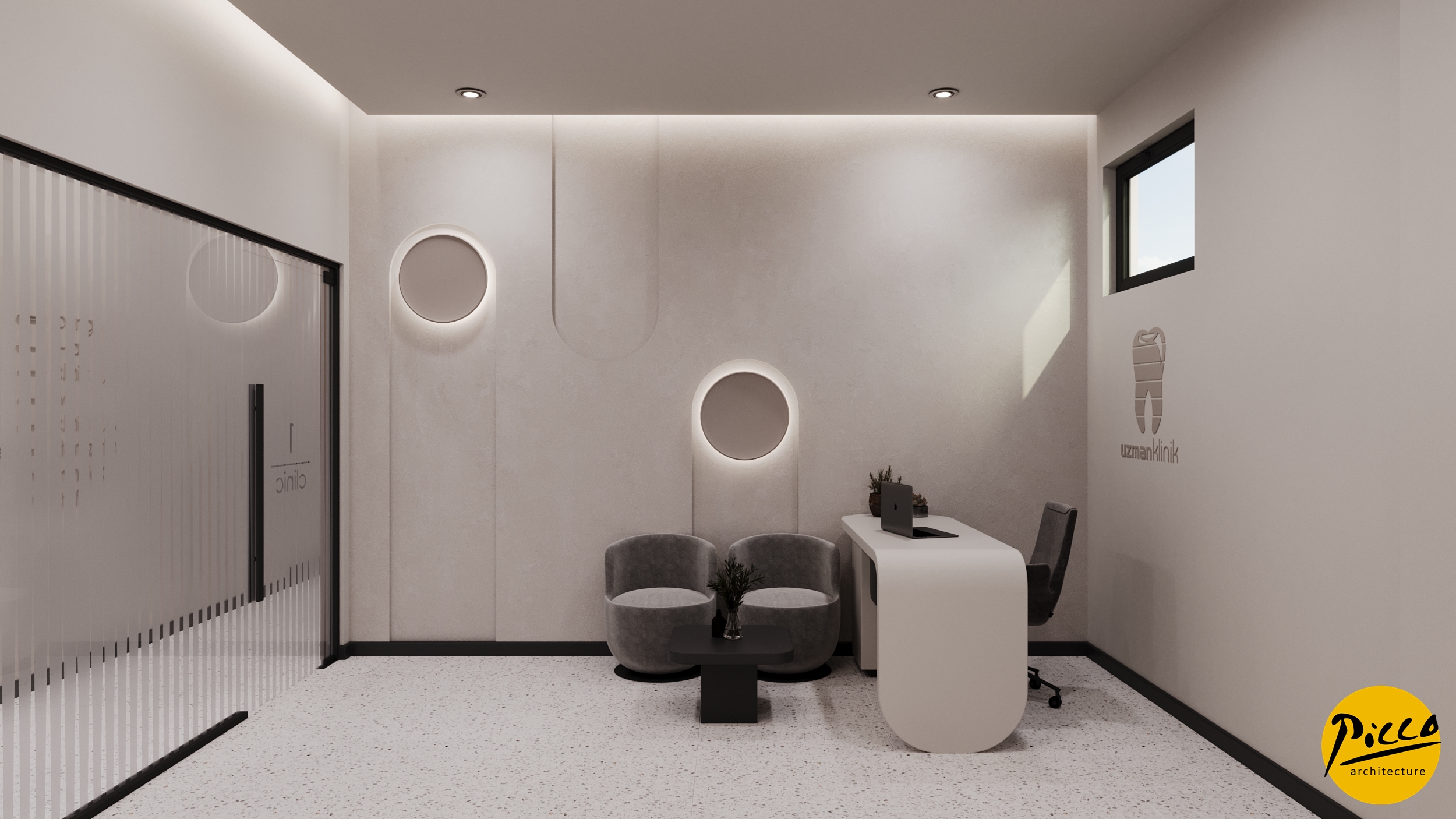 Diş polikliniği tasarımı için oval formlar ve beyaz ton uygulaması.