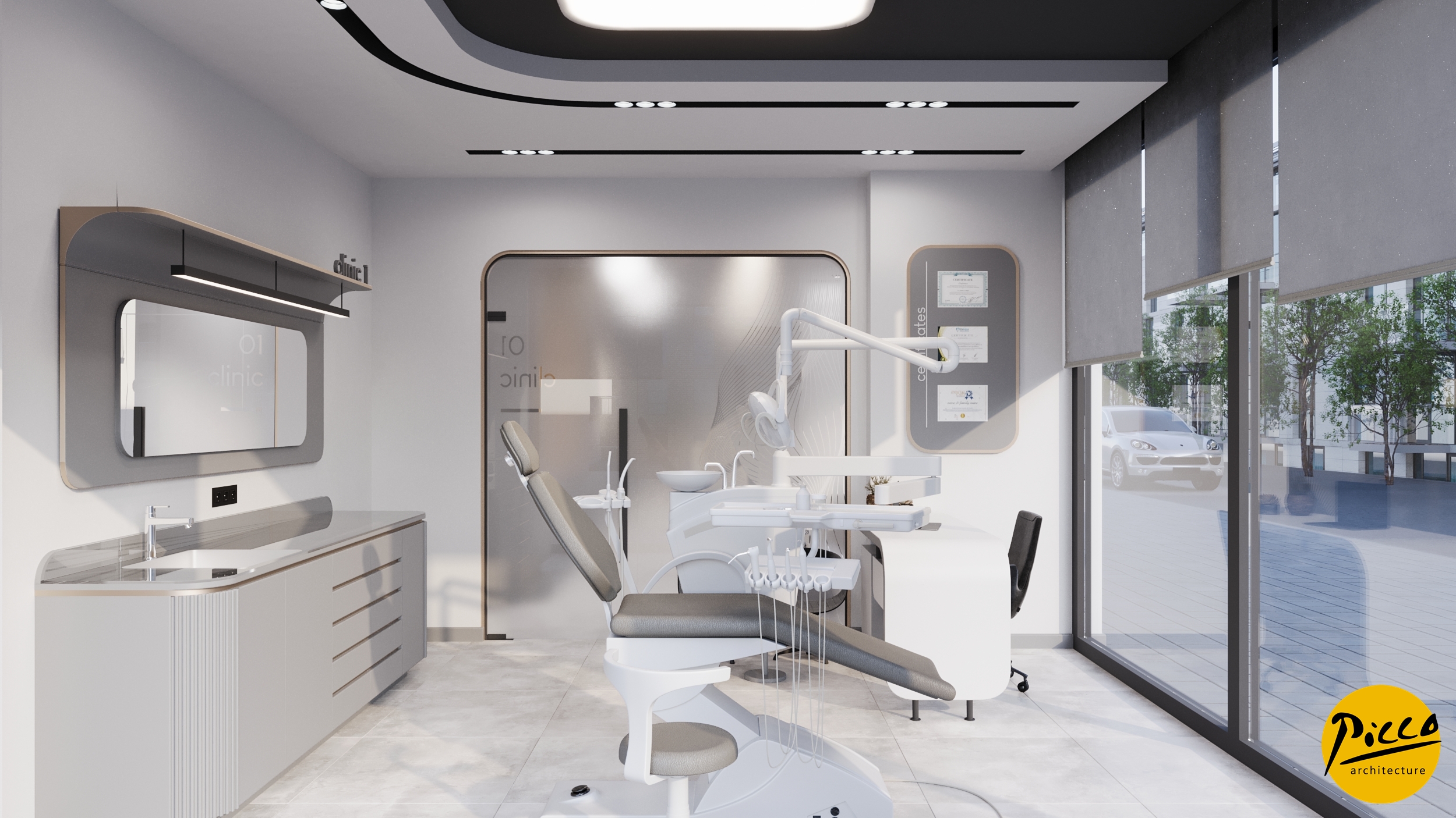 Diş polikliniği tasarımı için gri tonlar ve doğal ahşap uyumu.