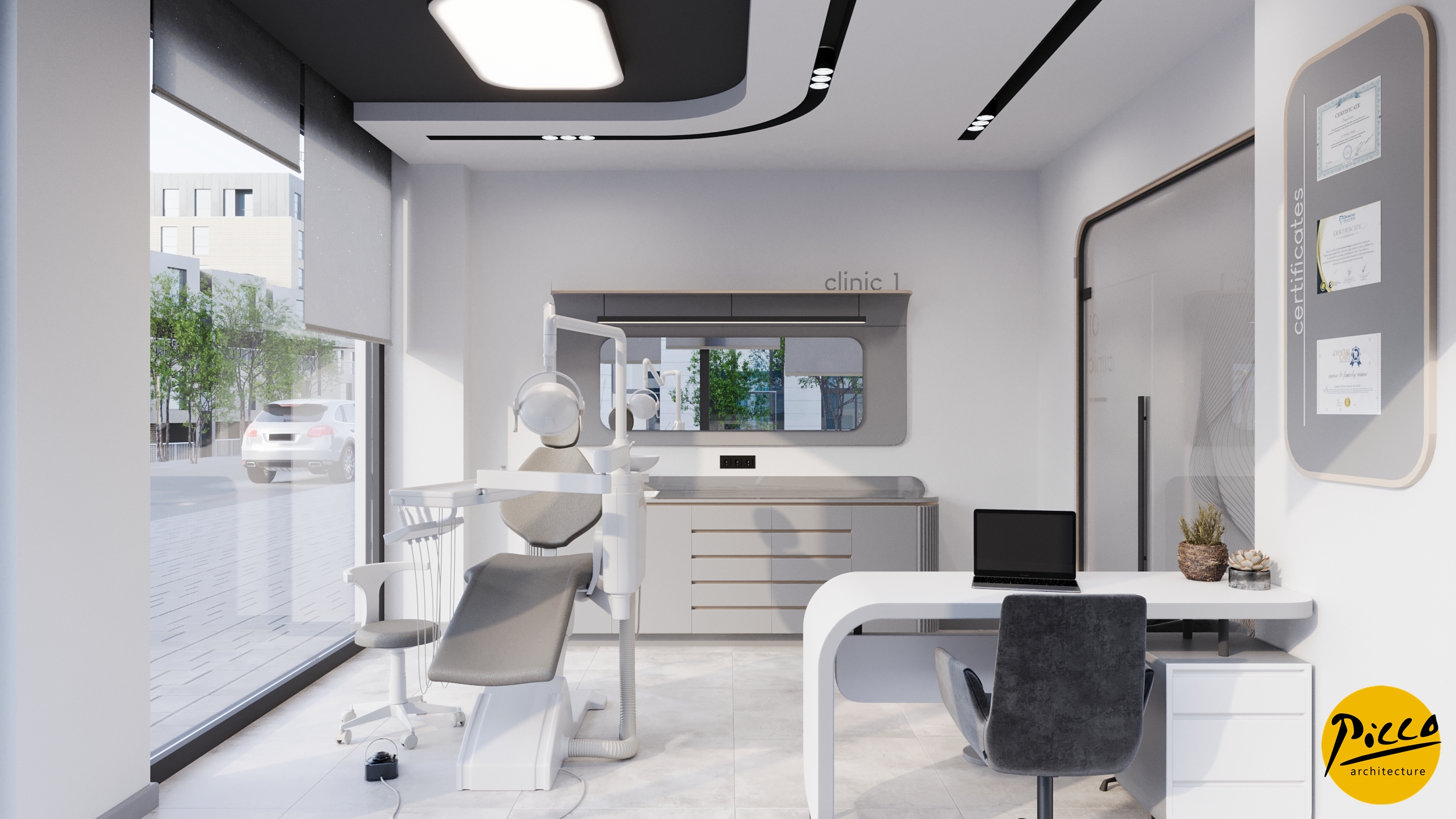 Diş polikliniği tasarımı için gri tonlar ve doğal ahşap uyumu.