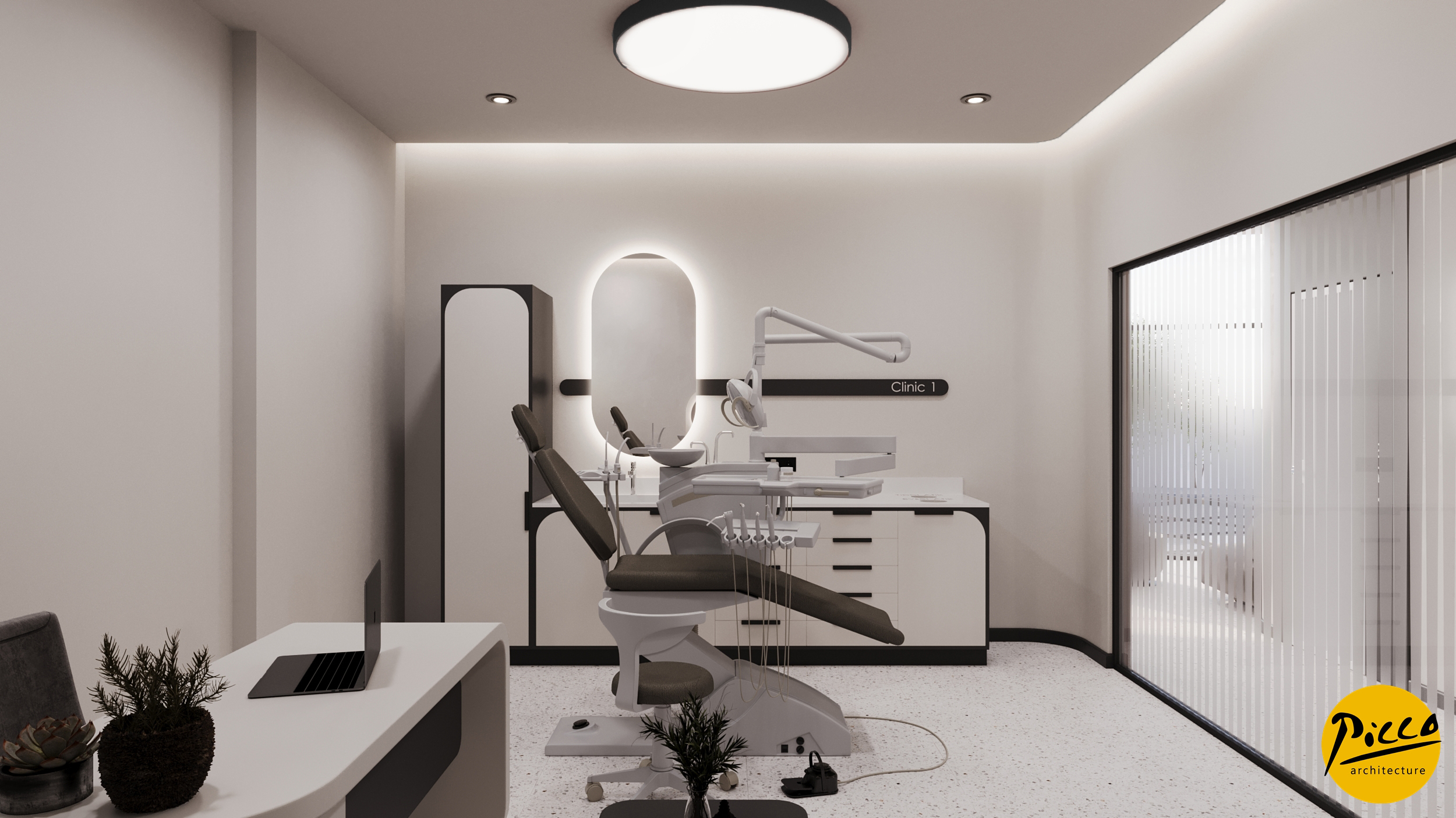 Diş polikliniği tasarımı için oval formlar ve beyaz ton uygulaması.