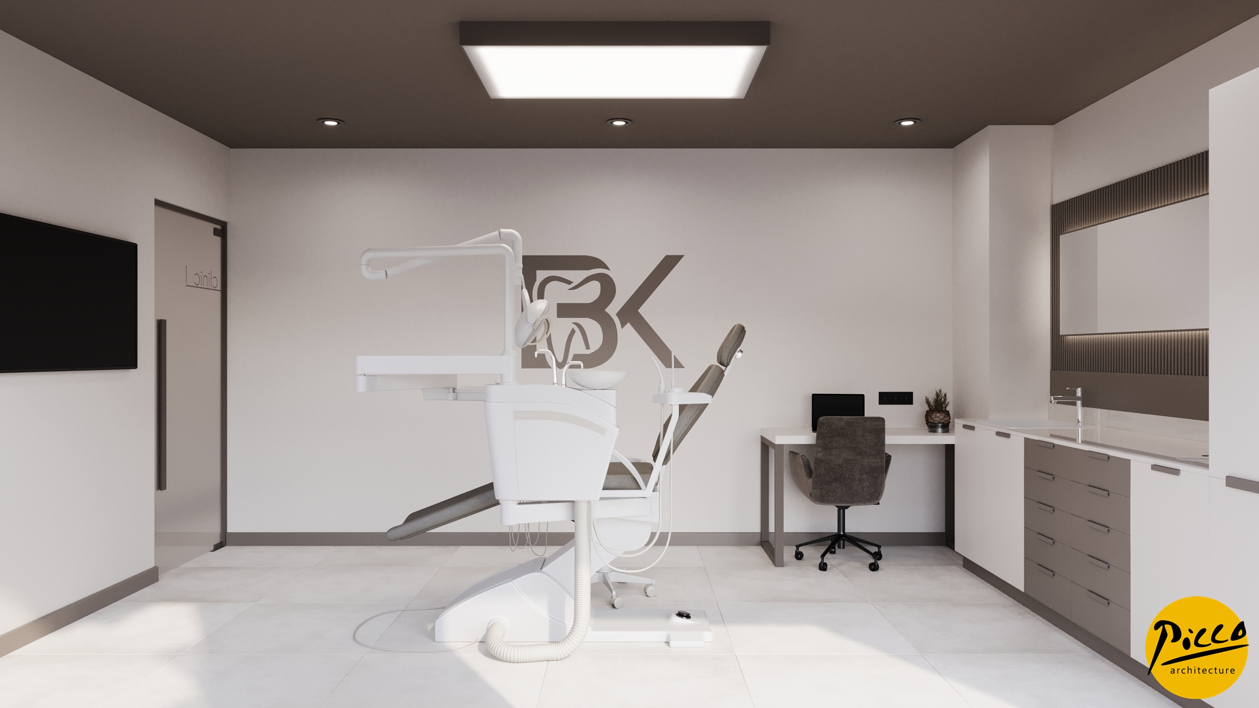 Diş muayenehanesi tasarımı için beyaz ve vizon renk uyumu.