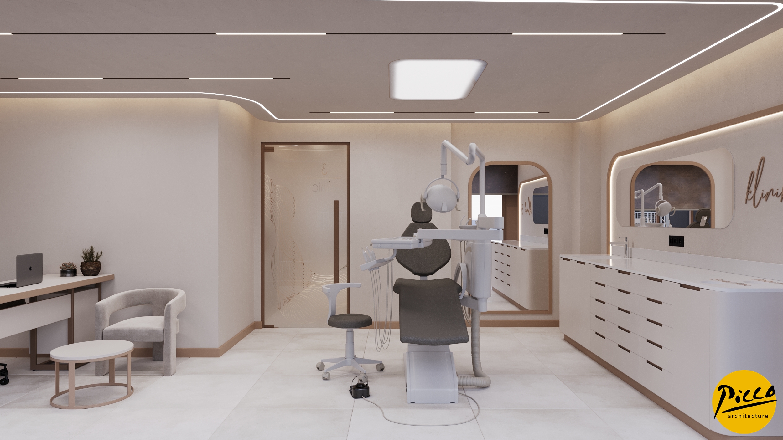 Klinik iç mimarisinde ahşap ve doğal malzeme uygulaması.