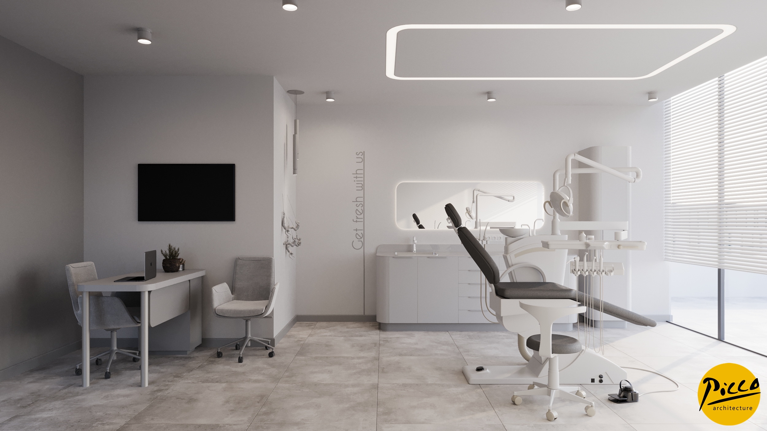 Klinik iç mimarisinde modern aydınlatma ve mobilya uygulaması.