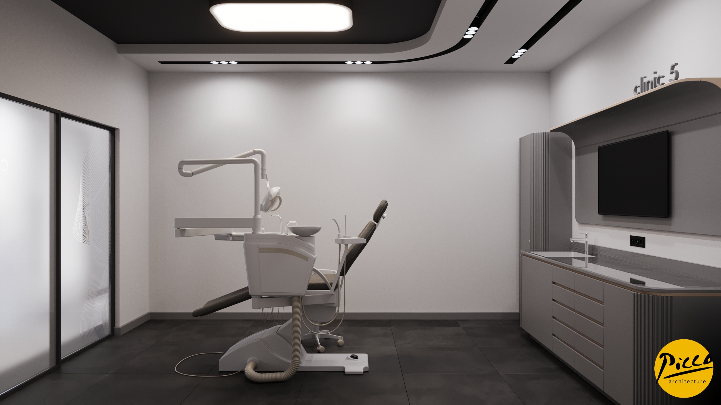 Diş polikliniği tasarımı için gri tonlar ve doğal ahşap uyumu.