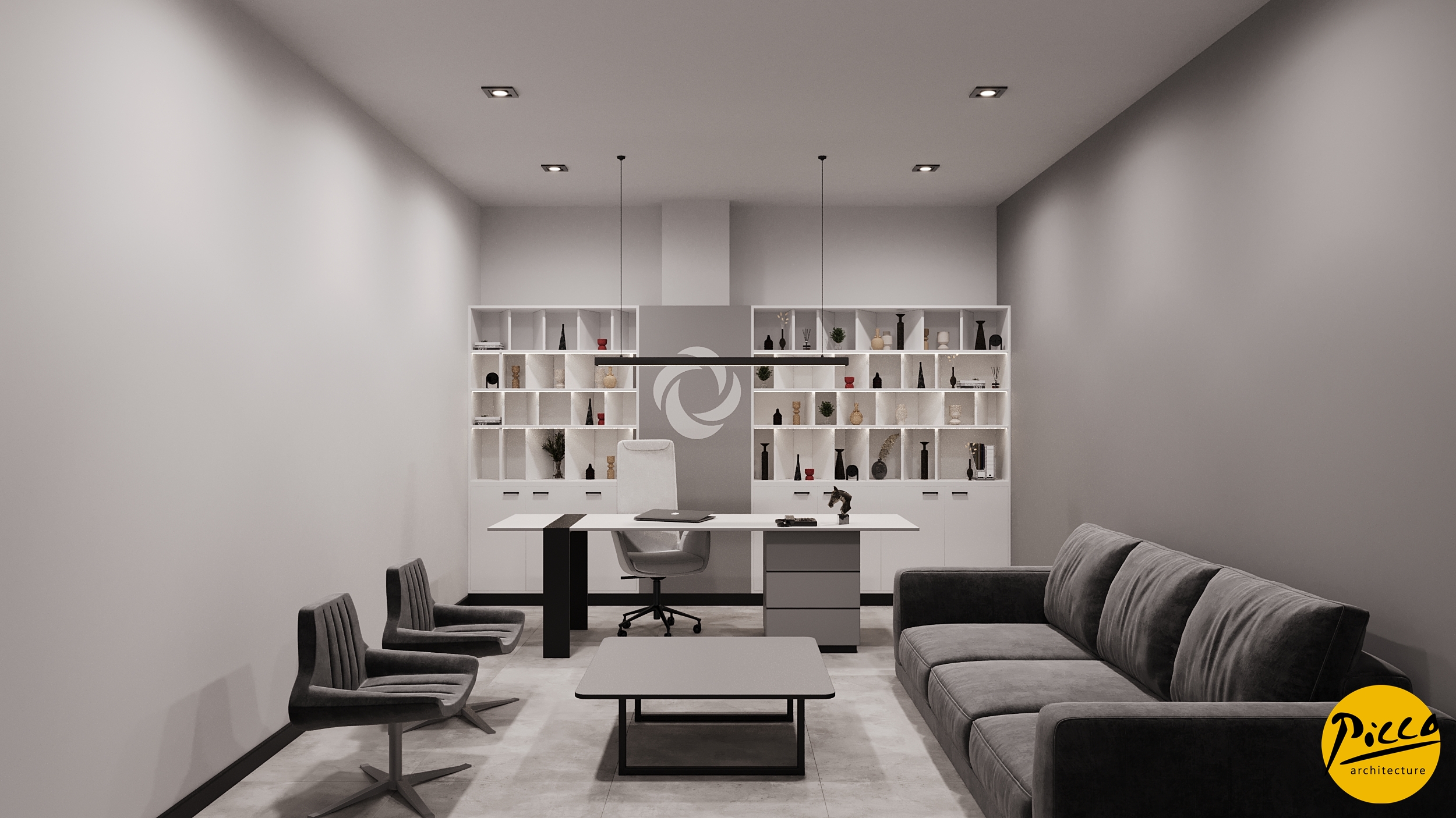 Klinik iç mimarisinde kullanılan gri tonlar ve yeşil bitkiler