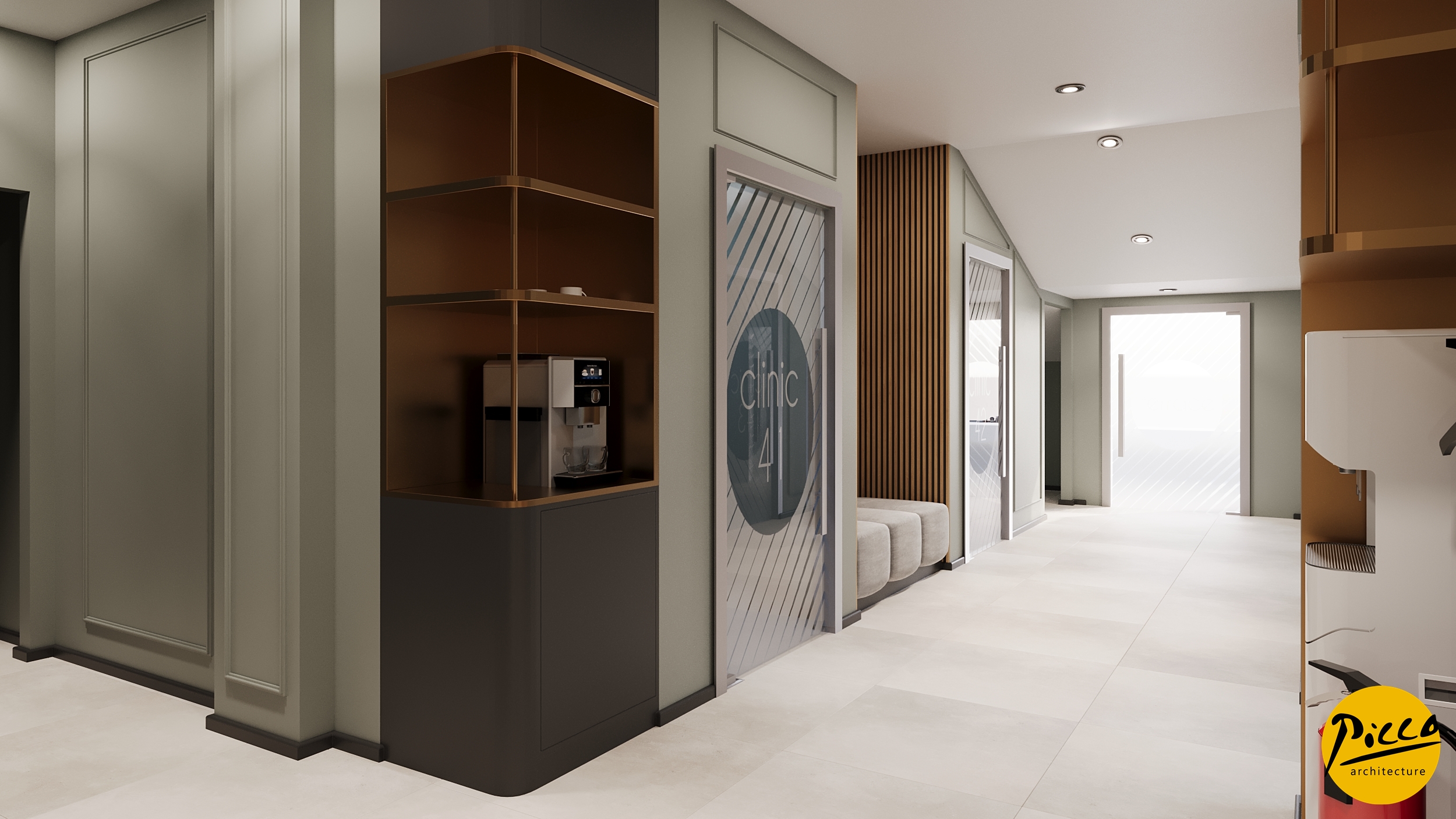 Hastane iç mimarisinde düz hatlar ve ferah bekleme alanı.