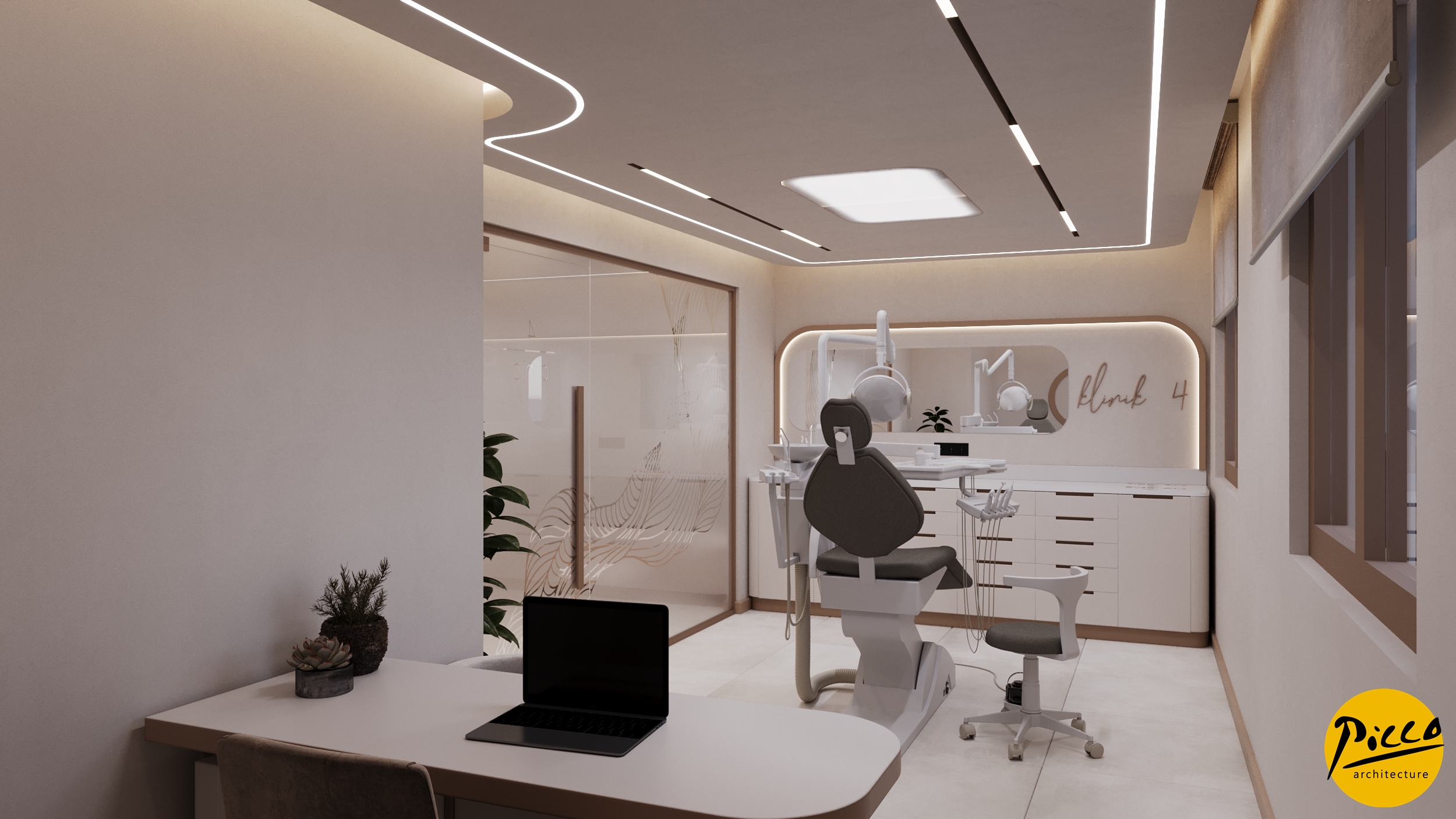 Diş kliniği tasarımı için krem tonları ve organik form kullanımı.