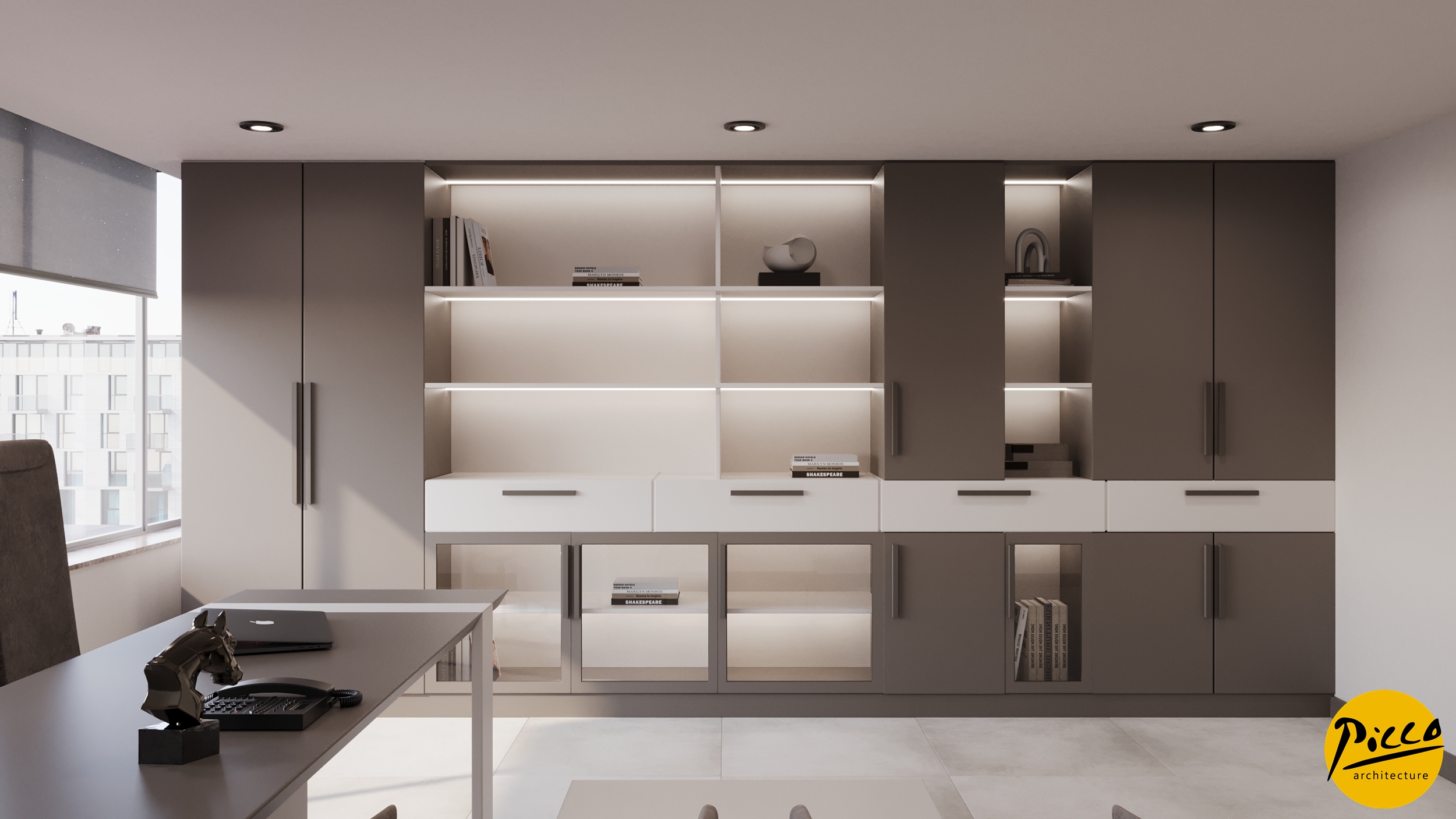 Klinik iç mimarisinde düz keskin hatlar ve kontrast detaylar.