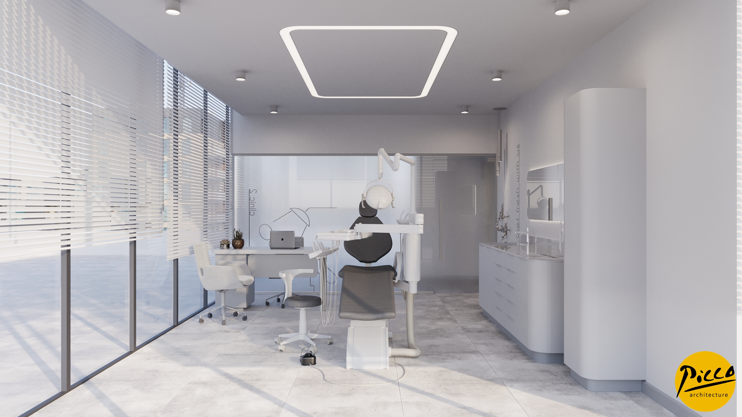 Diş polikliniği tasarımı için beyaz tonlar ve oval form kullanımı.