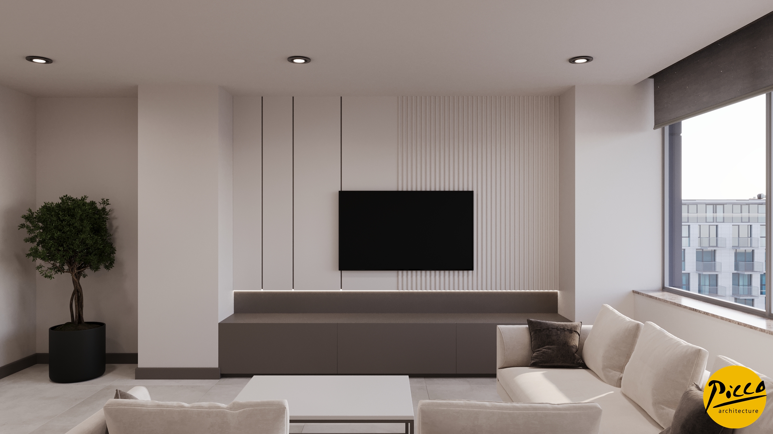 Klinik iç mimarisinde düz keskin hatlar ve kontrast detaylar.