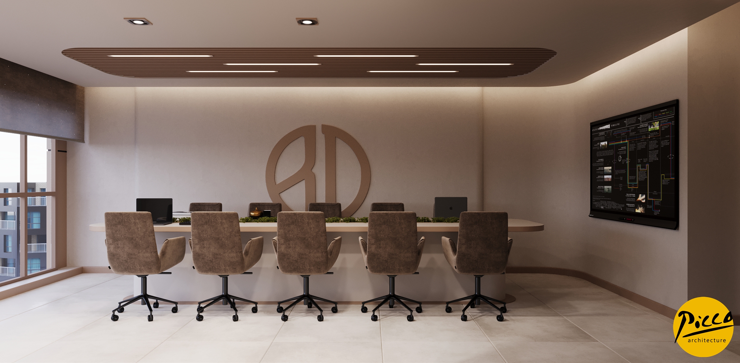 Diş kliniği tasarımı için krem tonları ve organik form kullanımı.