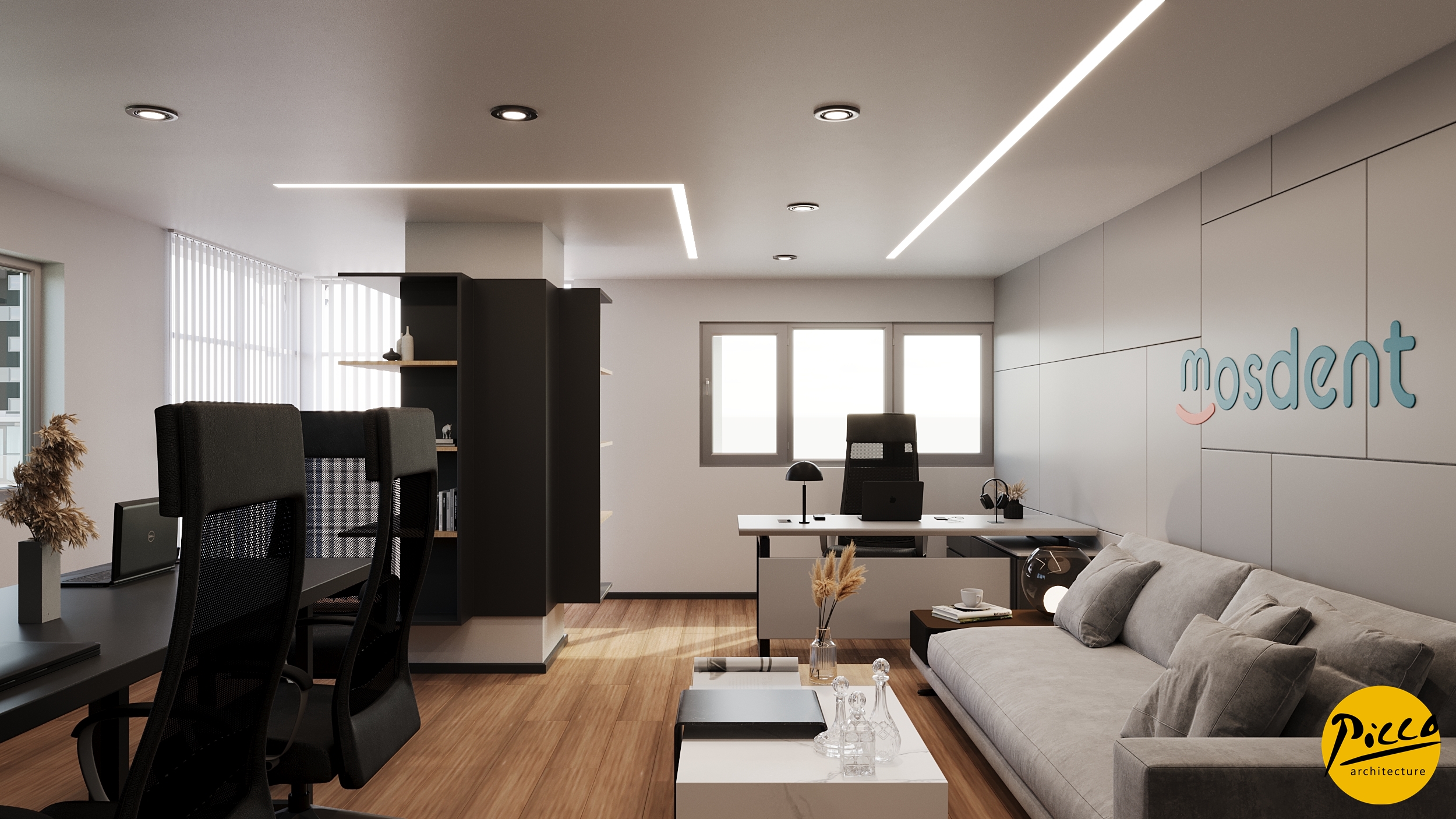 Hastane iç mimarisinde düz hatlar ve ferah bekleme alanı.