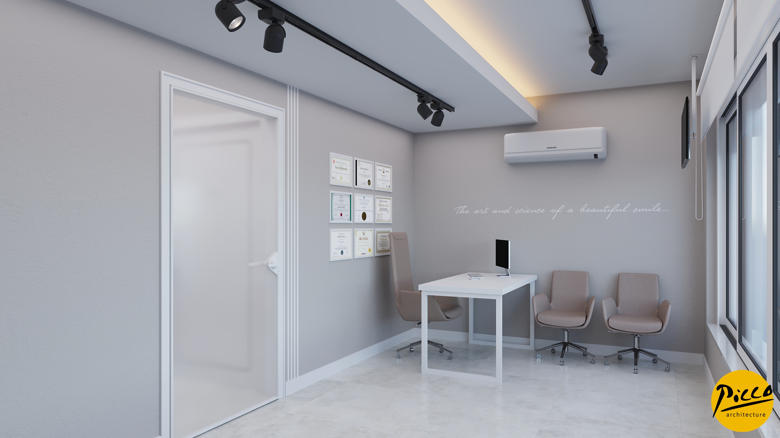 Muayenehane tasarımı için beyaz ve pastel ton kullanımı.