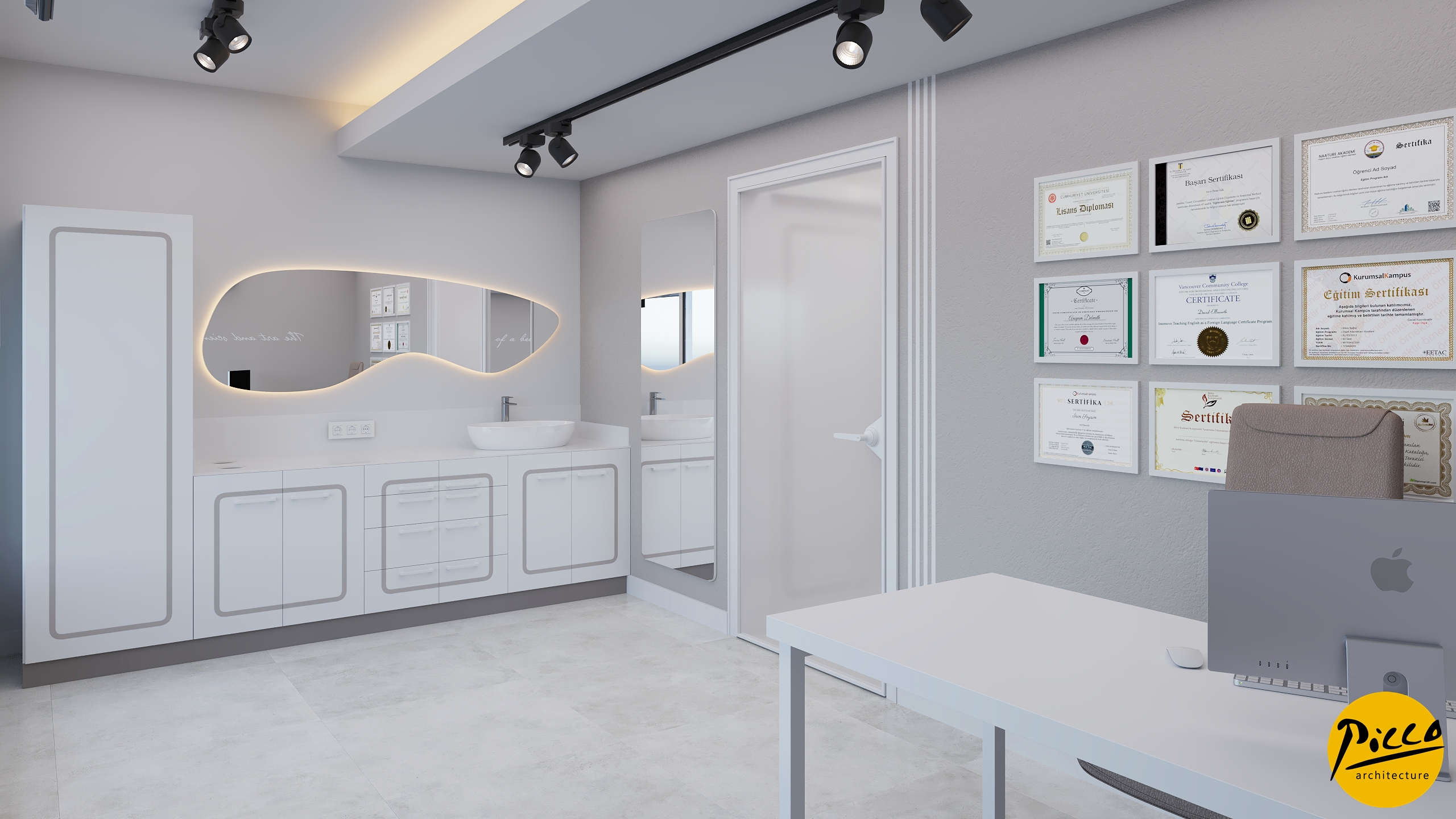 Klinik iç mimarisinde minimalist mobilya ve aydınlatma uygulaması.