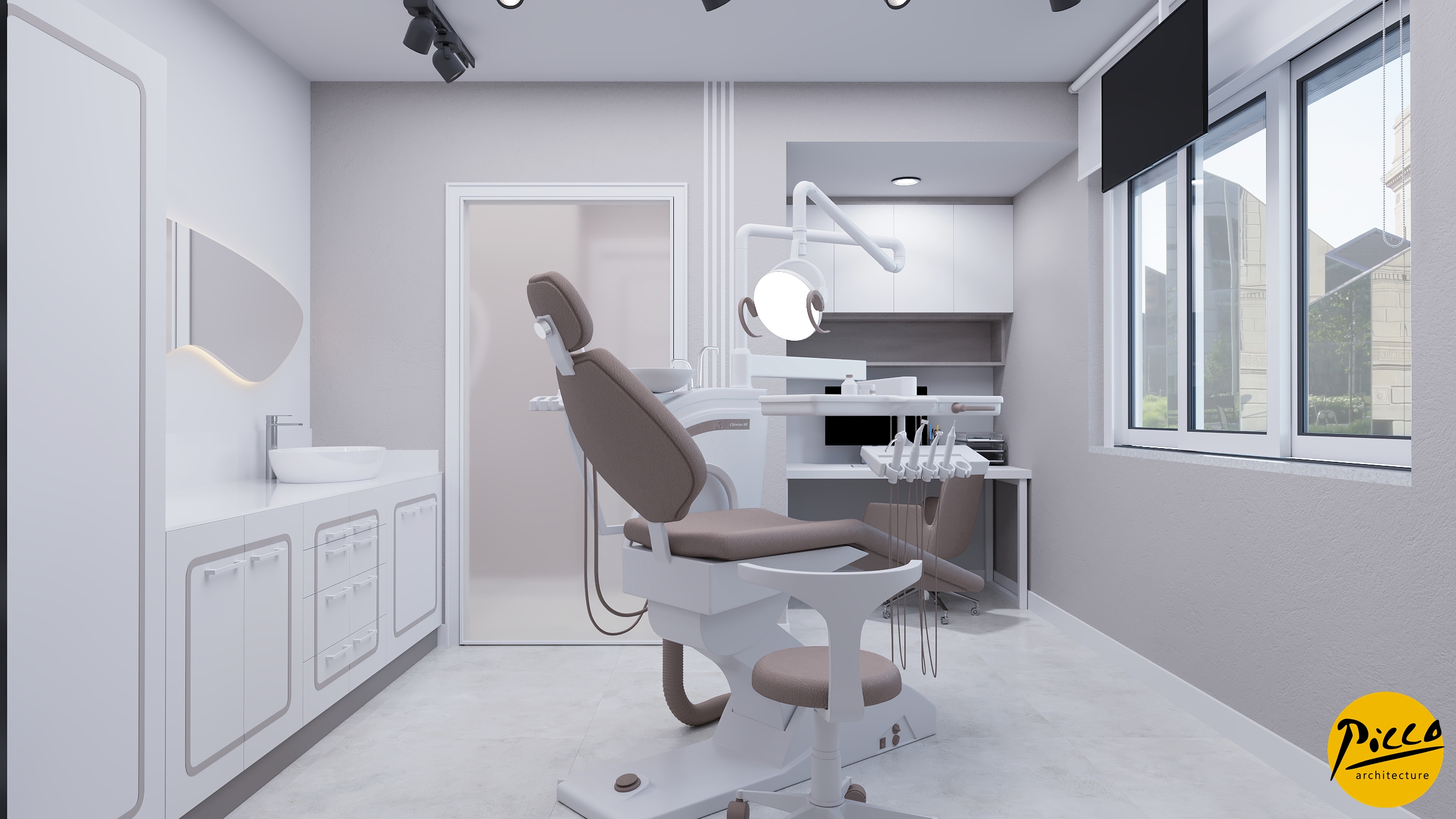 Klinik iç mimarisinde minimalist mobilya ve aydınlatma uygulaması.